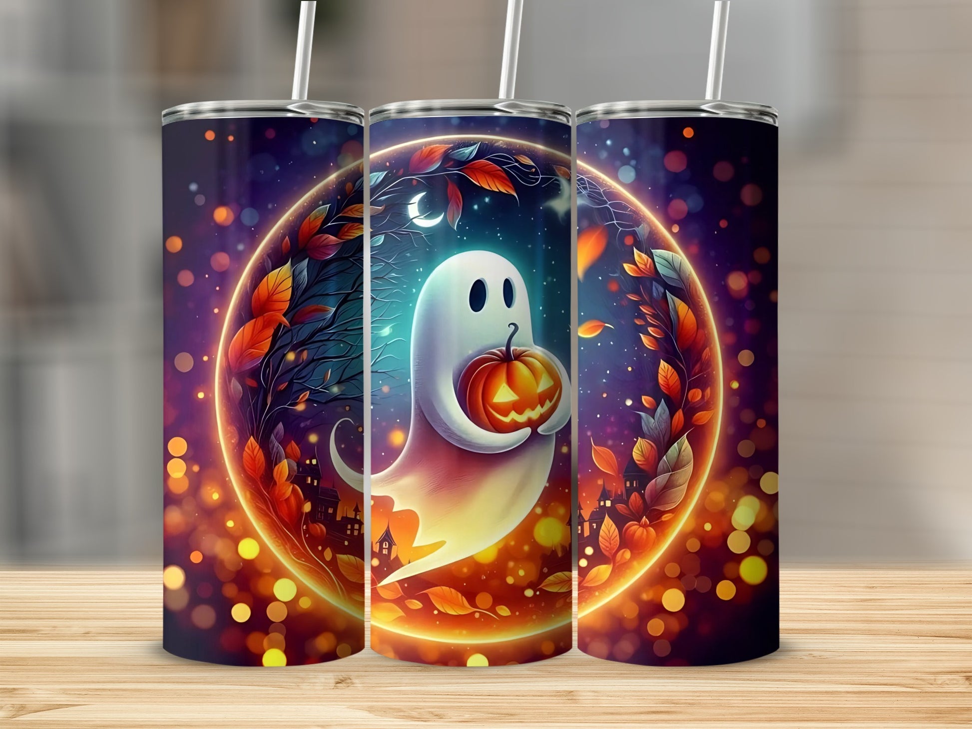 Halloween tumbler with a cheerful ghost holding a jack-o-lantern, surrounded by autumn leaves and bokeh lights.