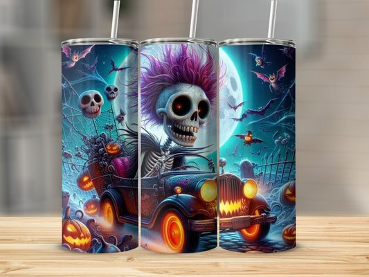 Three Halloween tumblers with a skeleton driving a car, bats, pumpkins, and skulls.