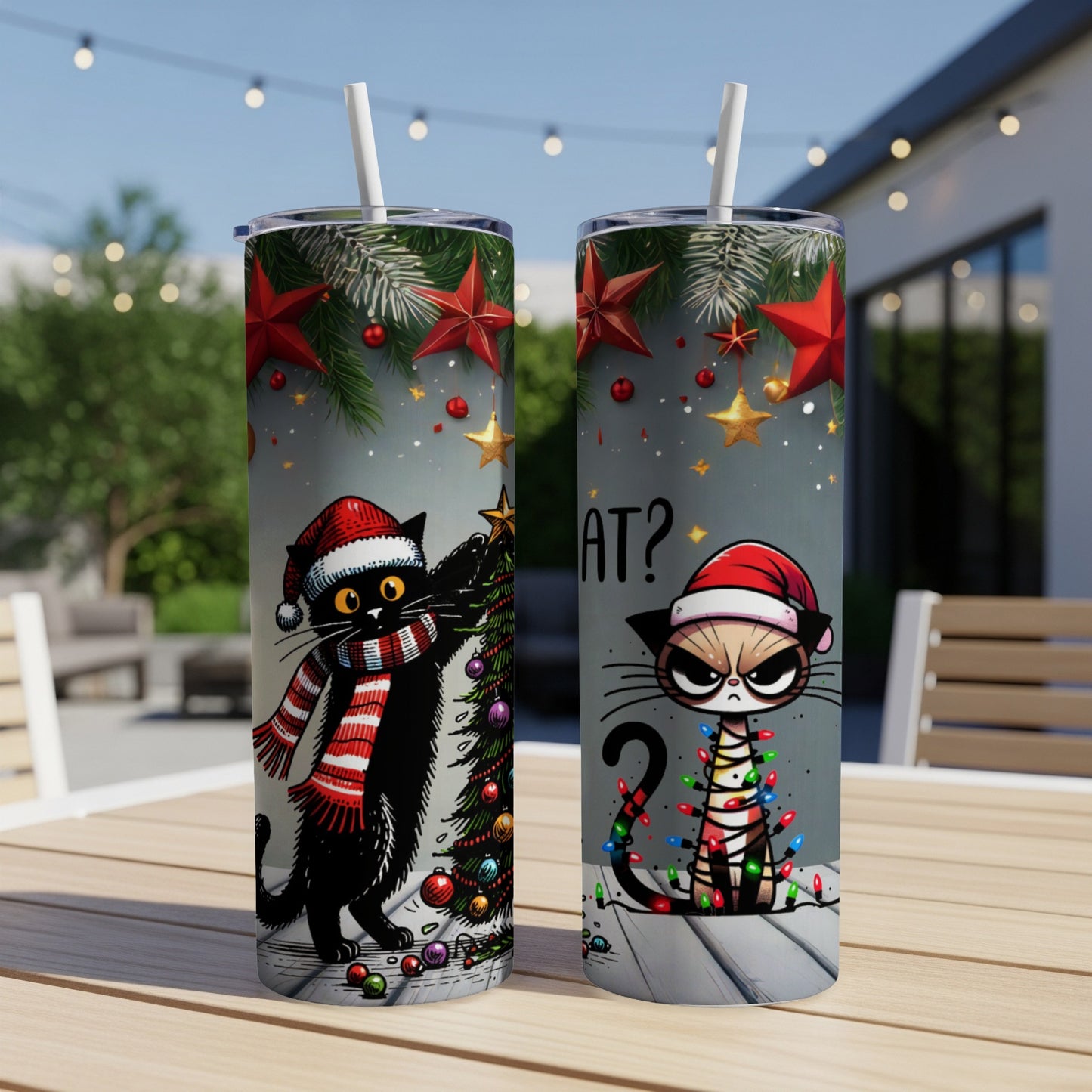 Two tumblers feature grumpy cats in Santa hats, one with Christmas lights.