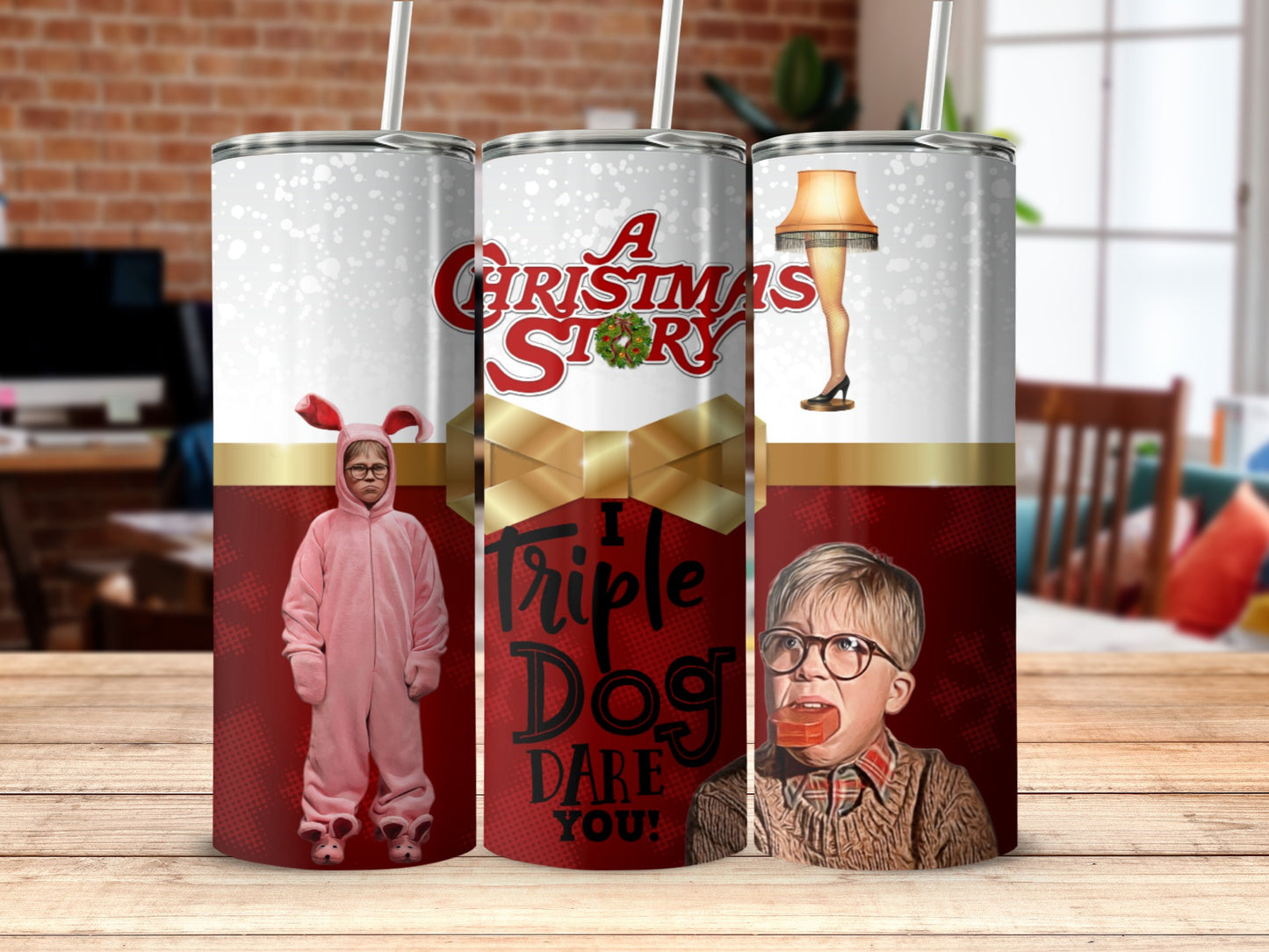 A Christmas Story tumbler with Ralphie and leg lamp designs.