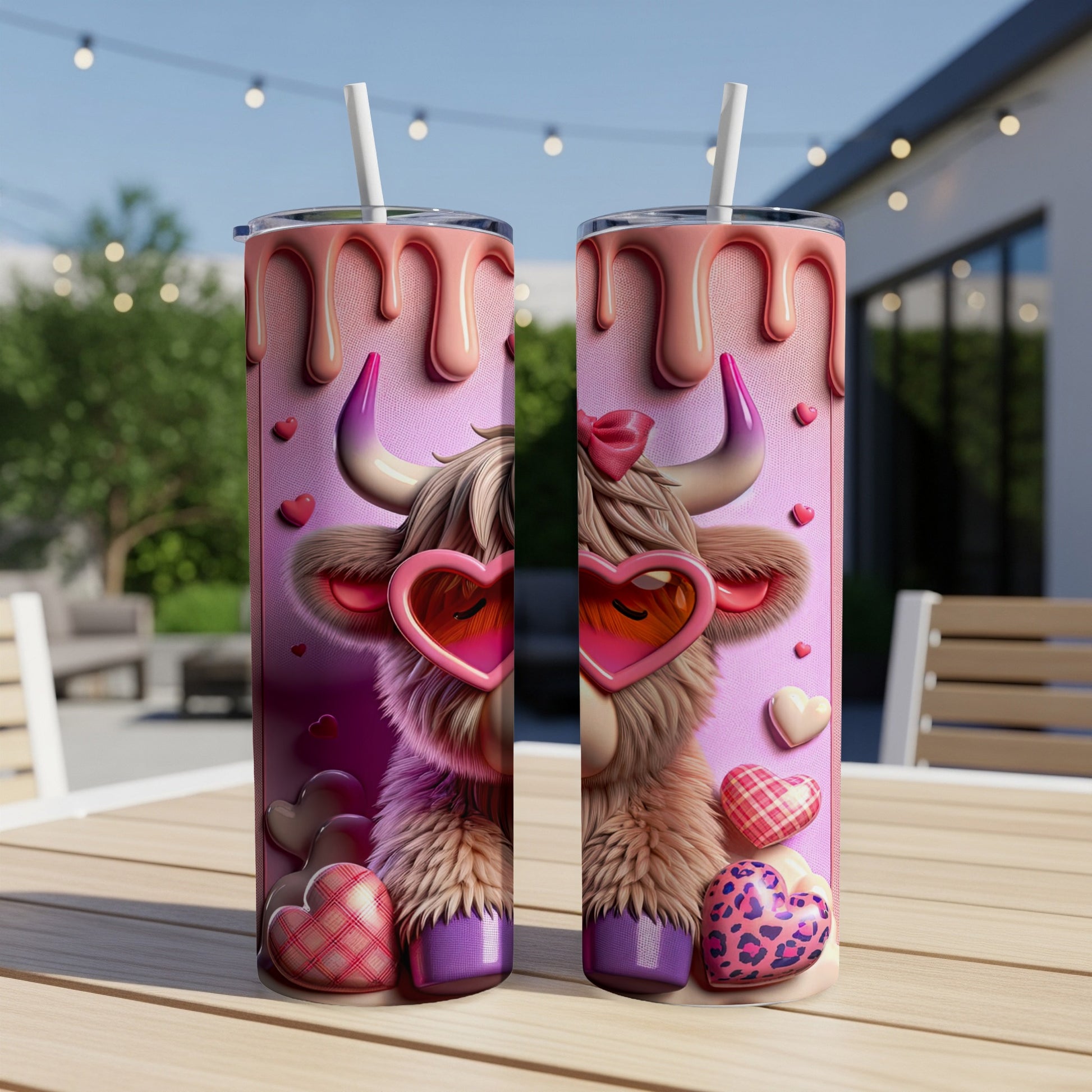 Two identical tumblers with a furry cow wearing heart sunglasses.