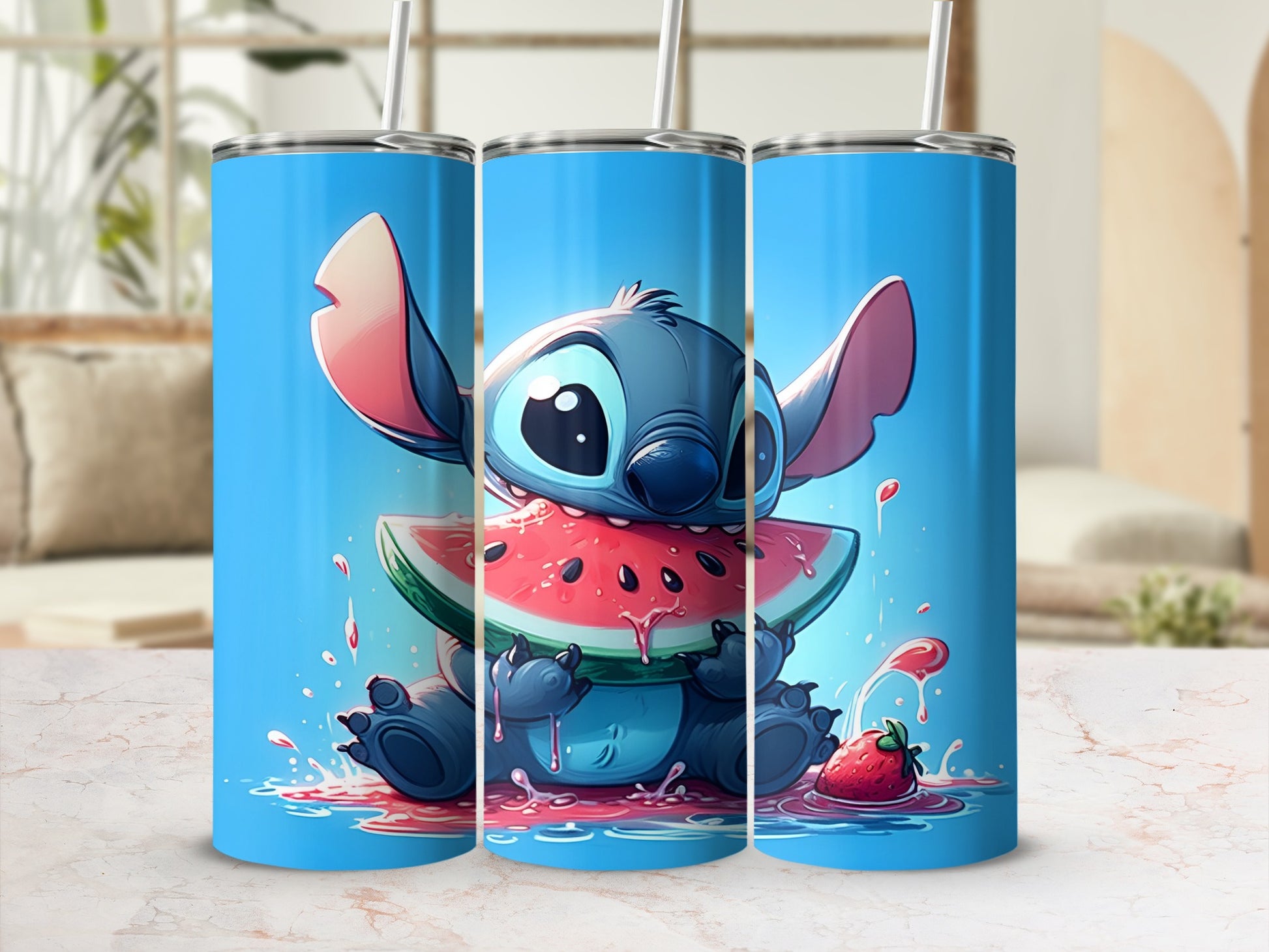 Stitch character eating watermelon on a tumbler.