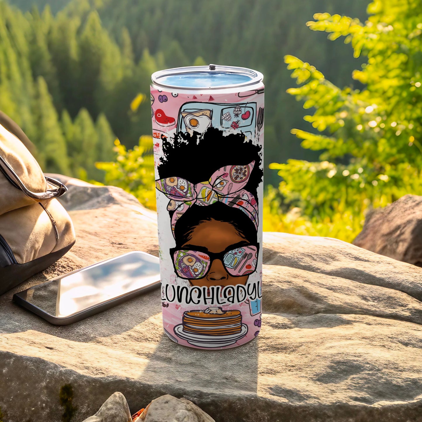 Tumbler with breakfast food pattern and "Lunchlady" text.