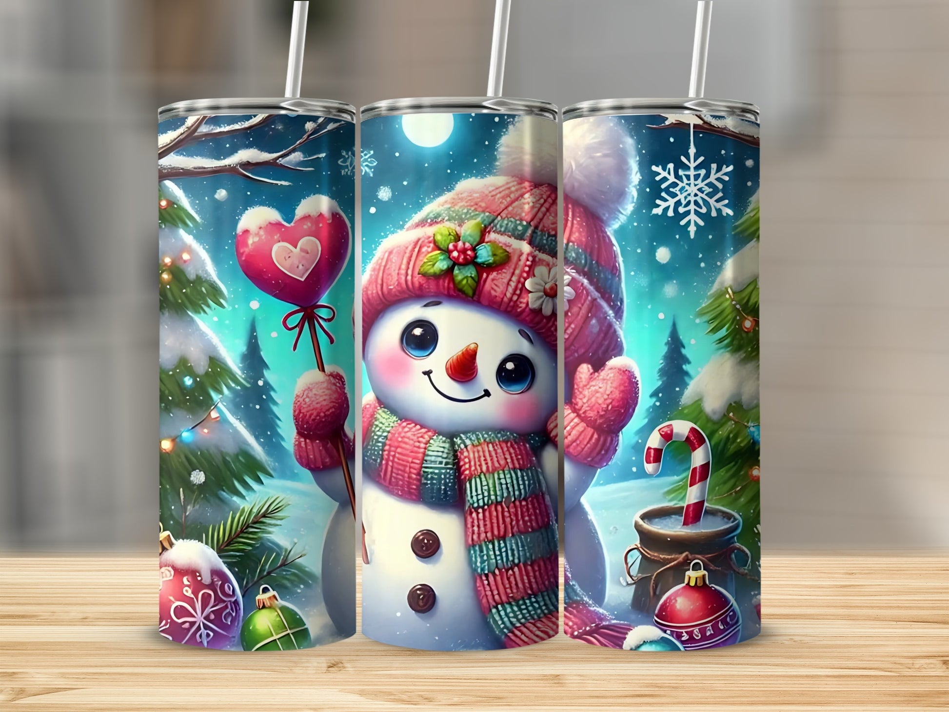 Adorable Christmas Snowman with Candy Cane Tumbler