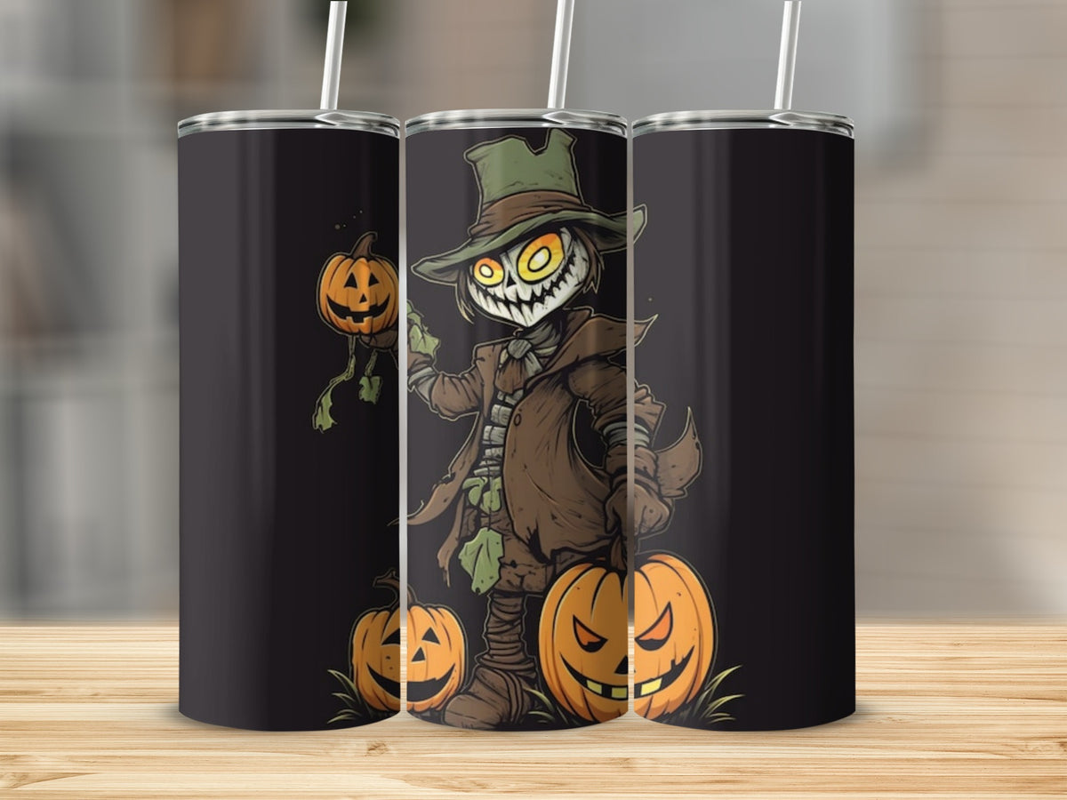 Three tumblers with a cartoon scarecrow and pumpkins design.