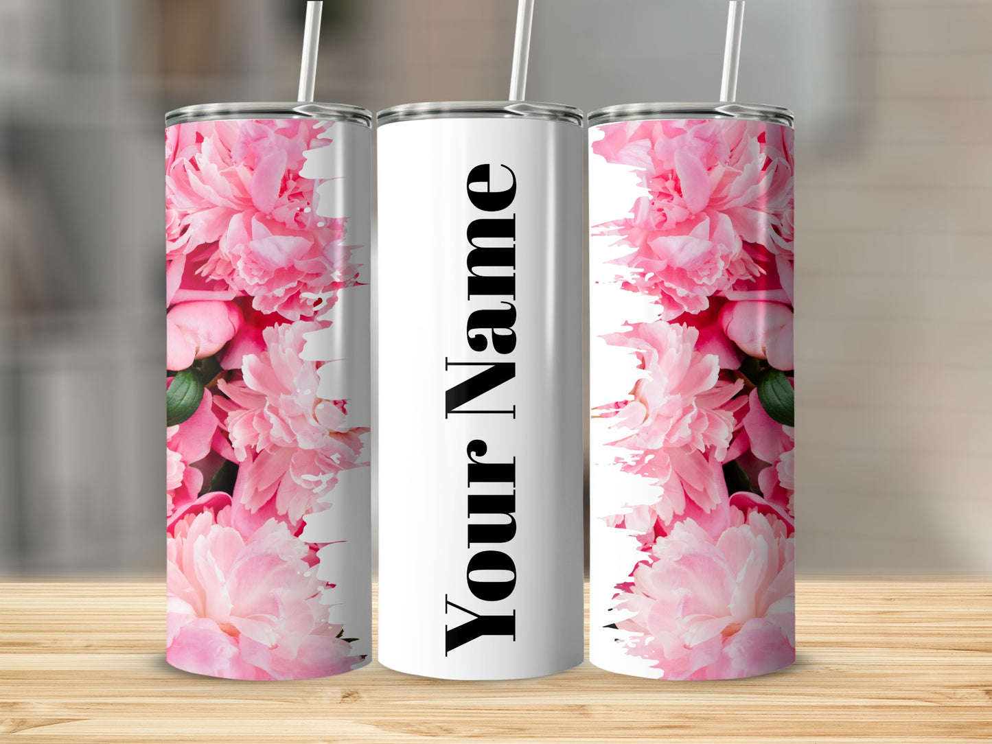 Customizable Floral Pink and White Tumbler with Straw