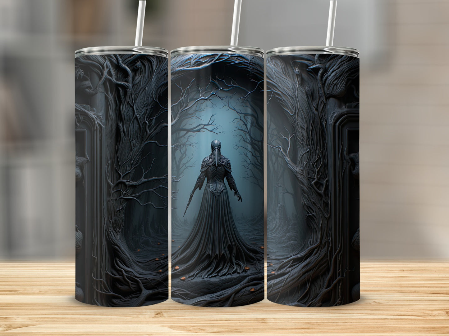 Three tumblers with dark fantasy forest art featuring a robed figure.