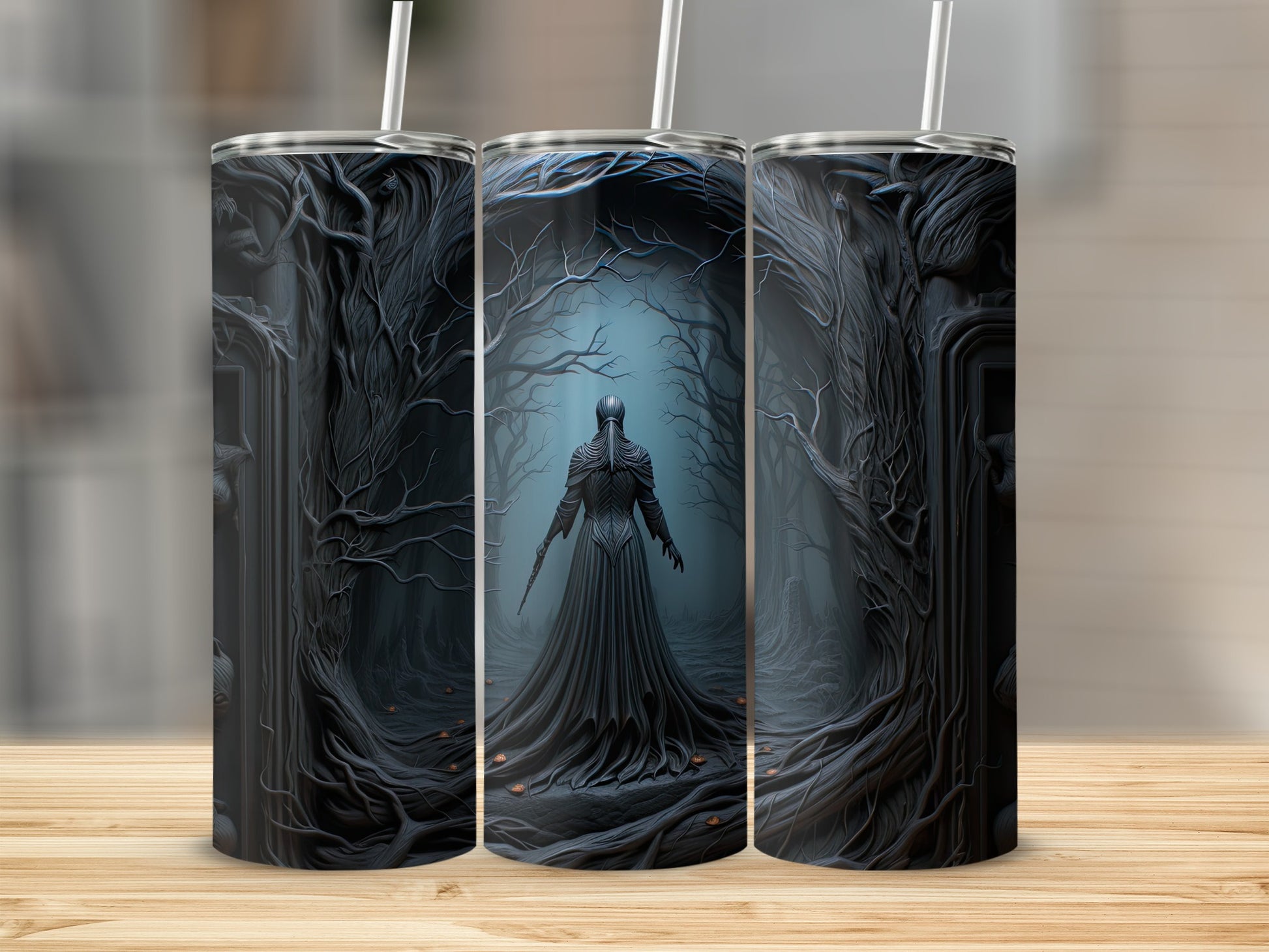 Three tumblers with dark fantasy forest art featuring a robed figure.
