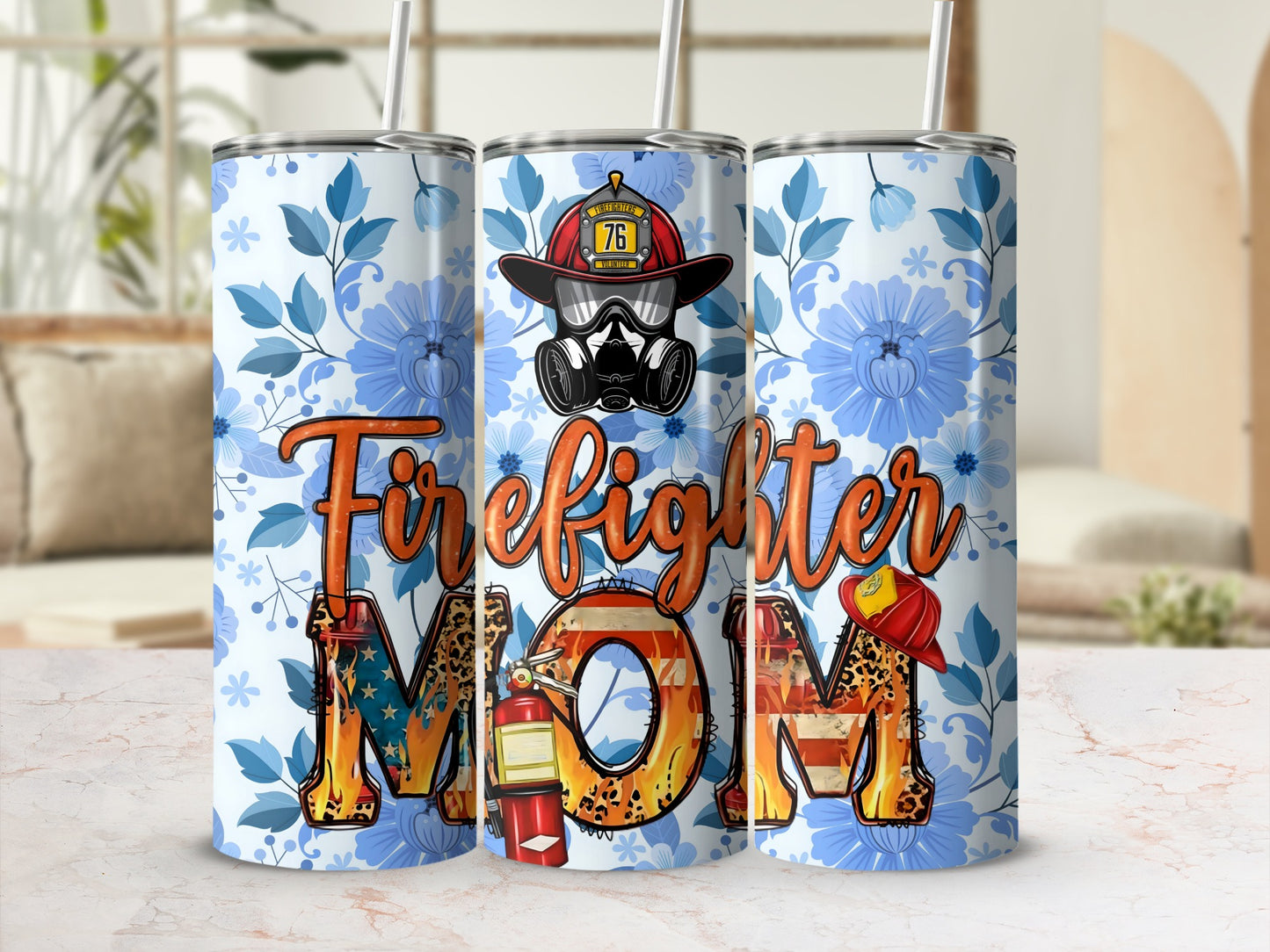Firefighter Mom Floral Stainless Steel Tumbler Cup