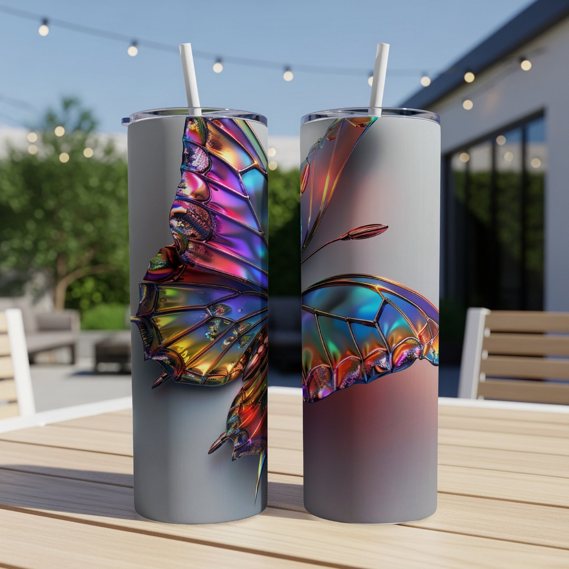Iridescent butterfly wing design on two tall, cylindrical tumblers with straws.