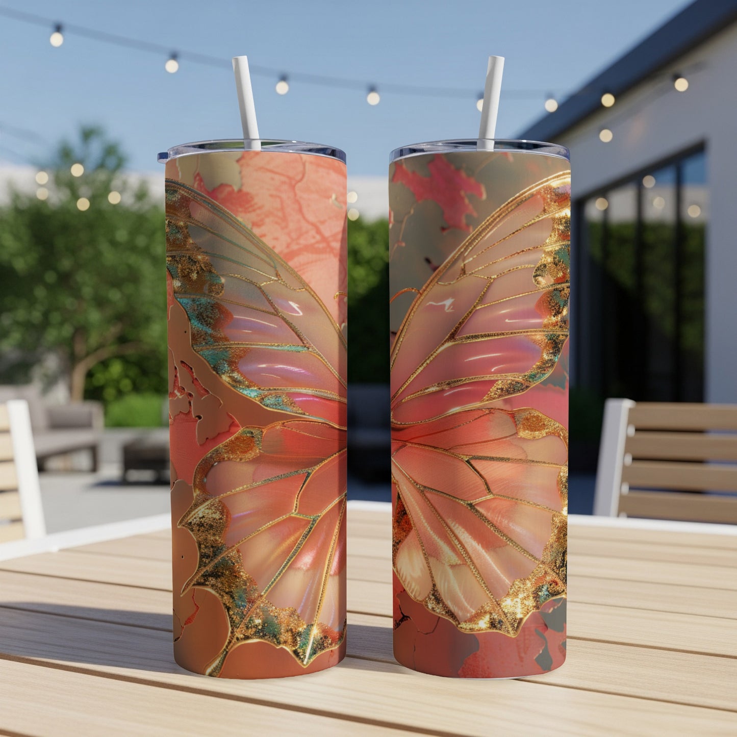 Two tumblers with iridescent butterfly wing designs on a wooden table.