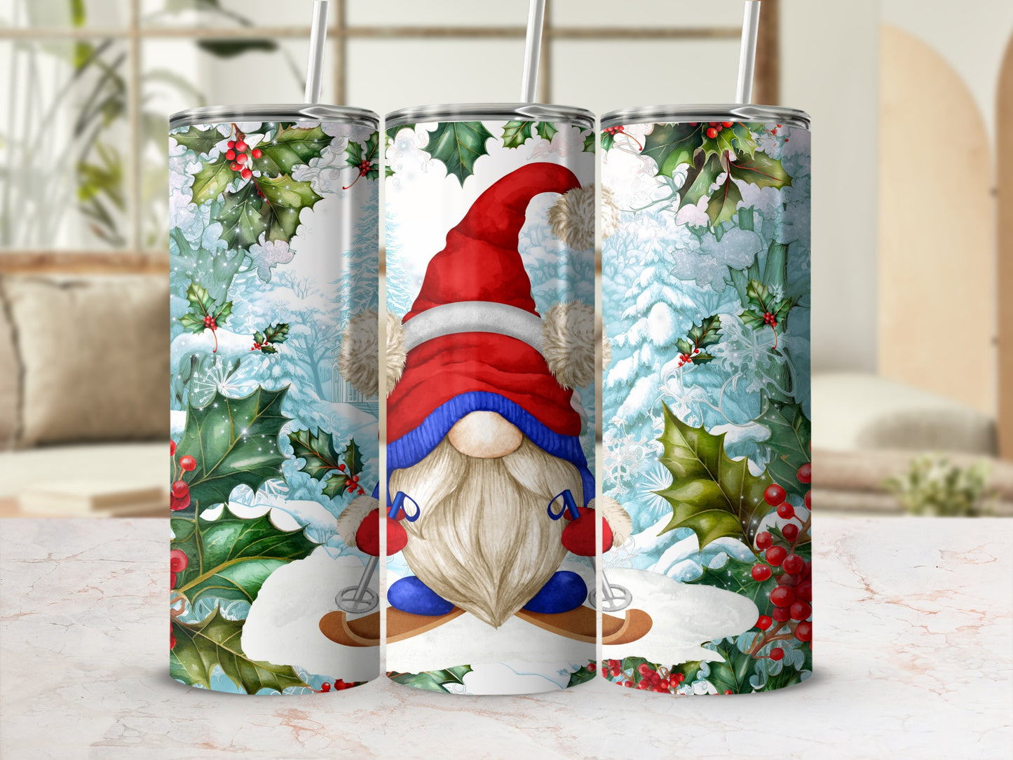 Winter gnome with skis and hat, surrounded by snow-covered branches.