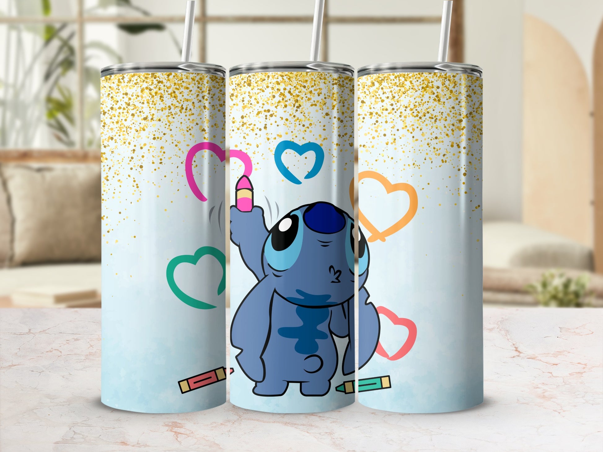 Cute Blue Alien Print Drinkware with Hearts Design