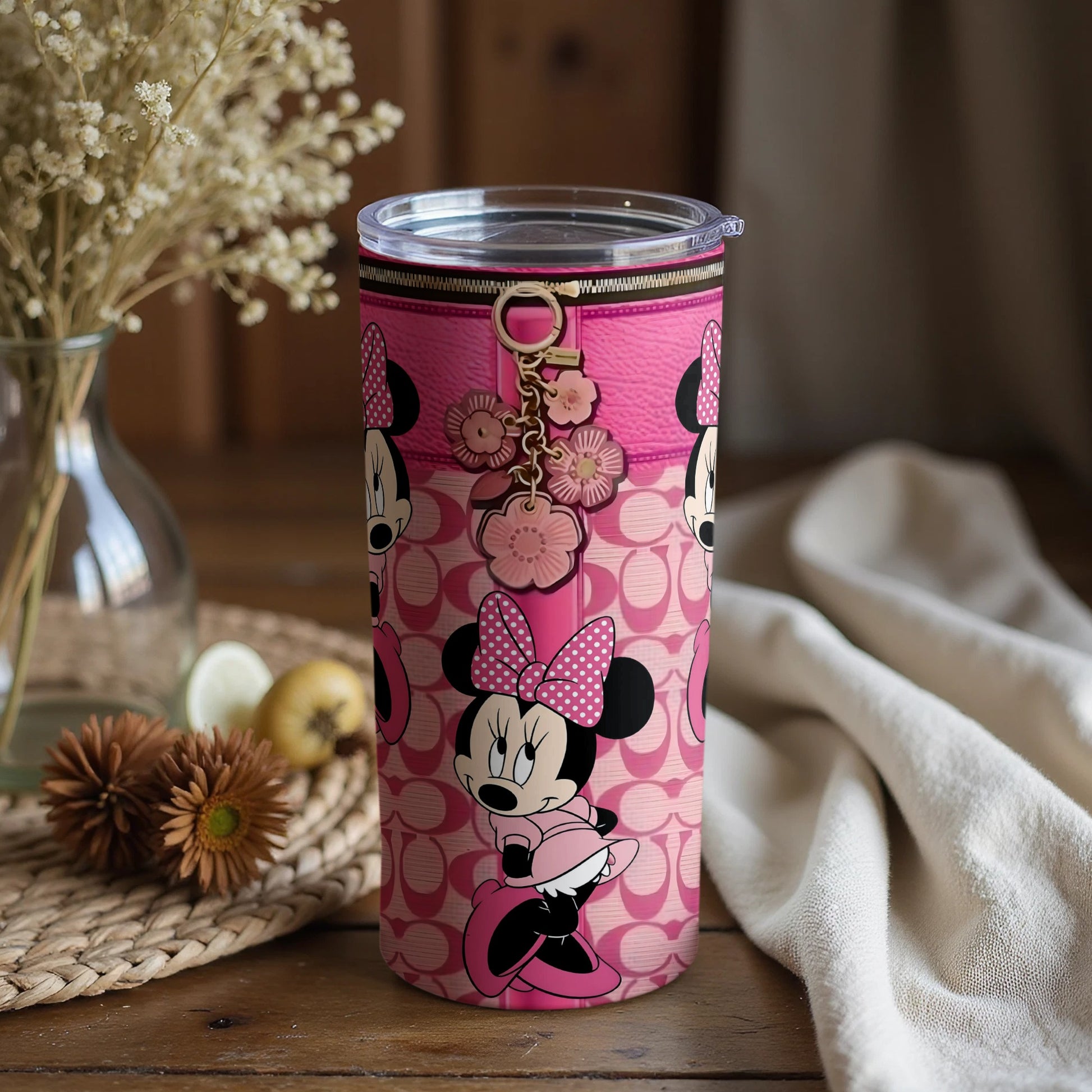 Pink Minnie Mouse Tumbler with Floral Design