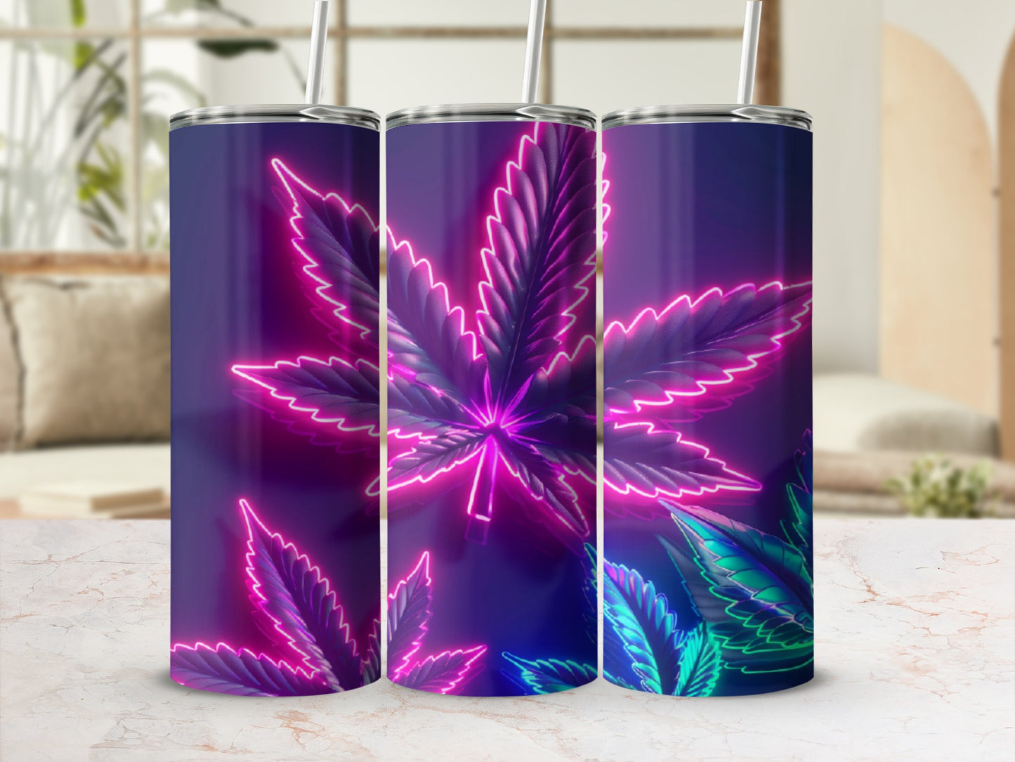 Three tumblers with neon cannabis leaf designs in purple and green.