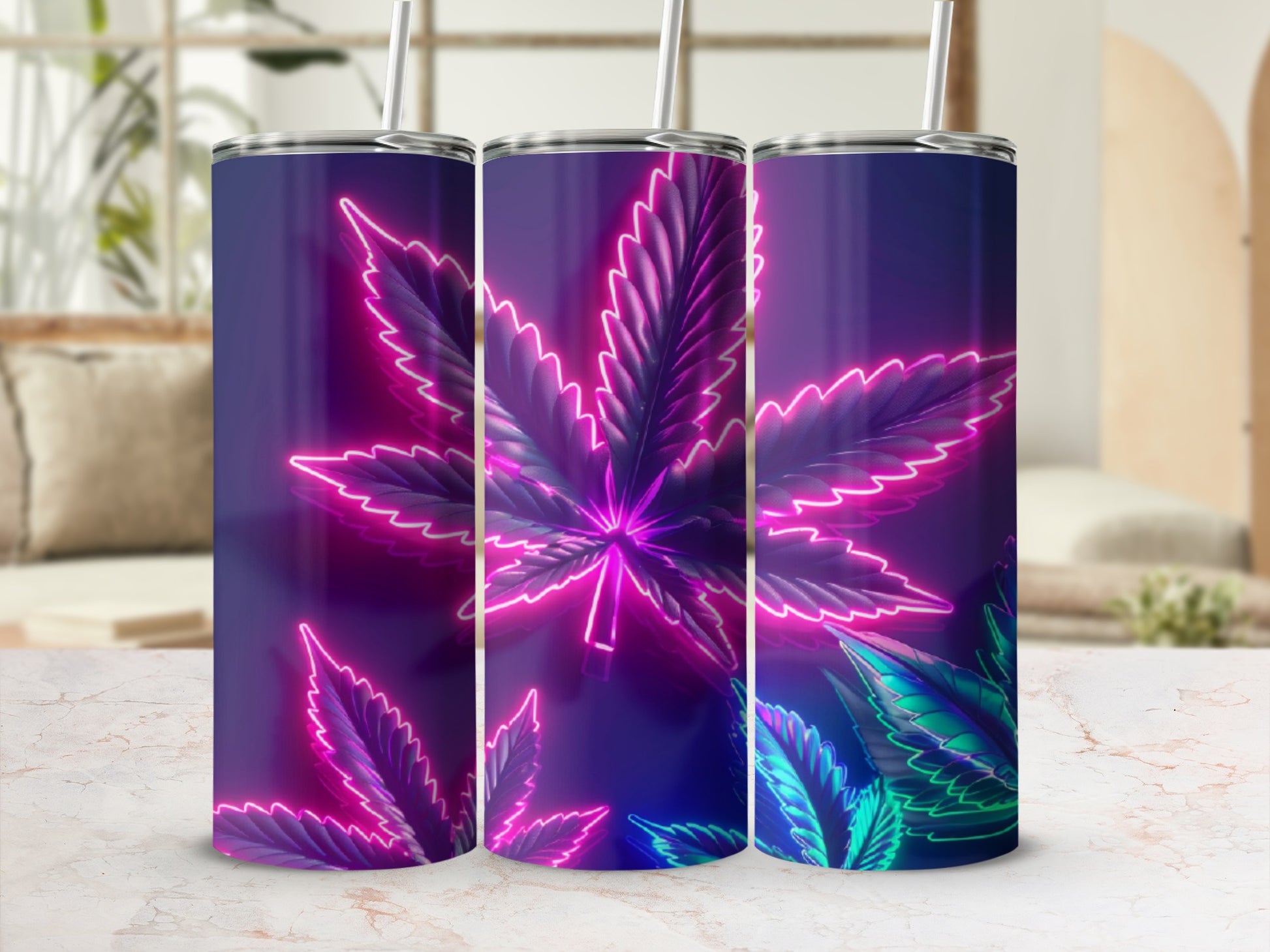 Three tumblers with neon cannabis leaf designs in purple and green.