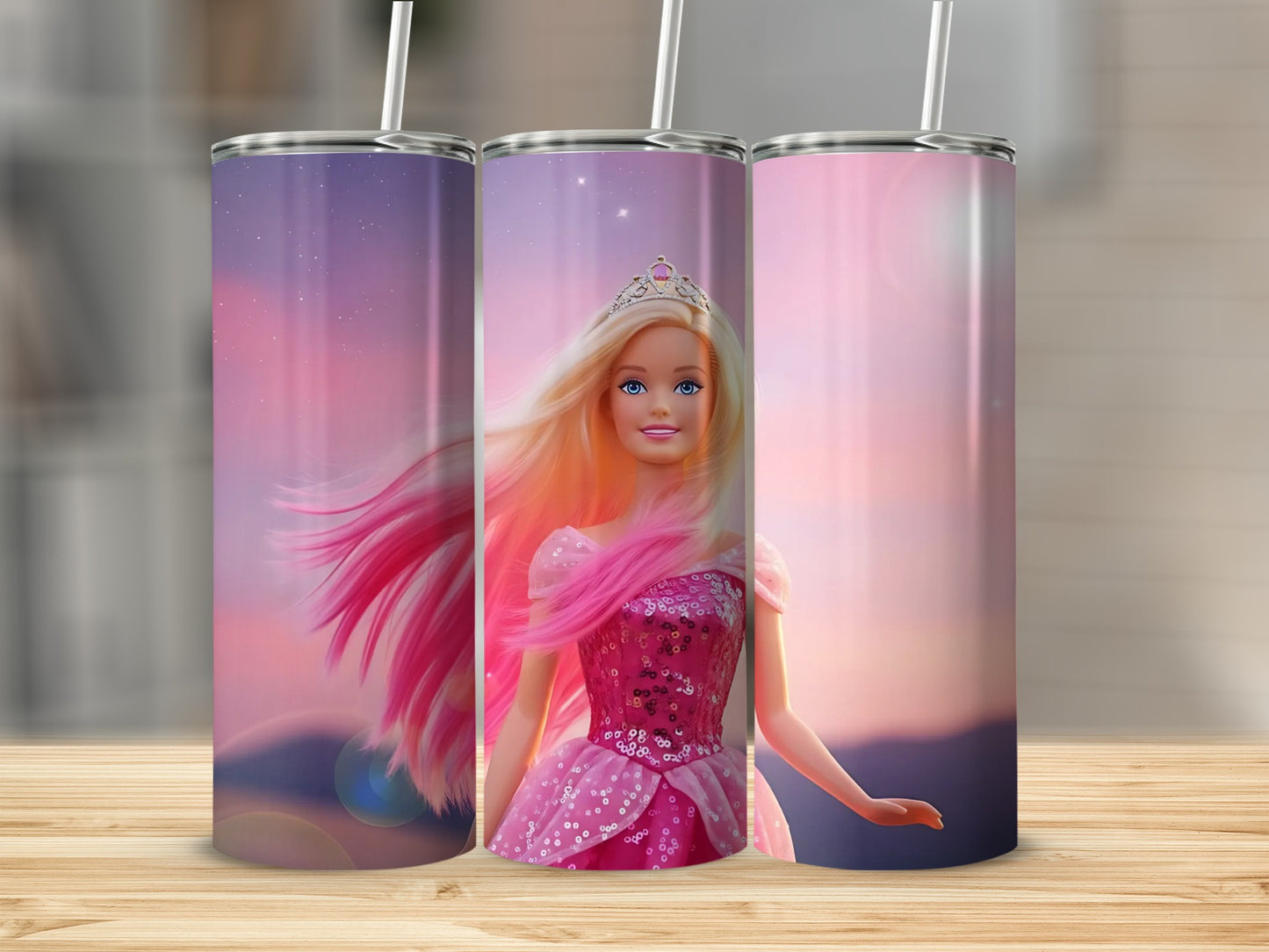 Pink Princess Barbie Doll on Sunset Background Tumblers