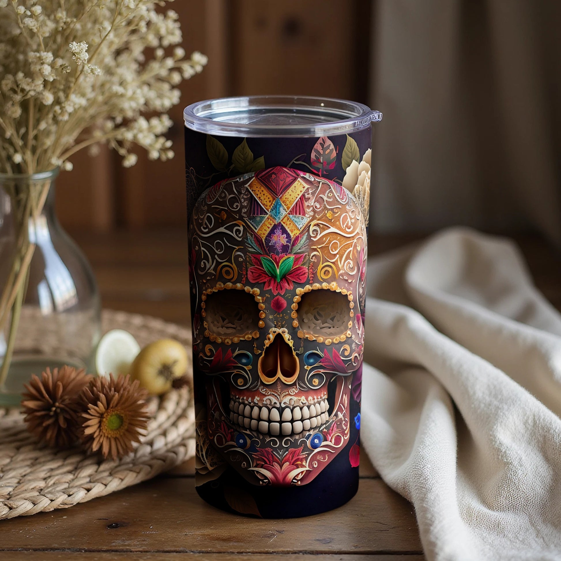 Intricate Day of the Dead Skull Tumbler Design
