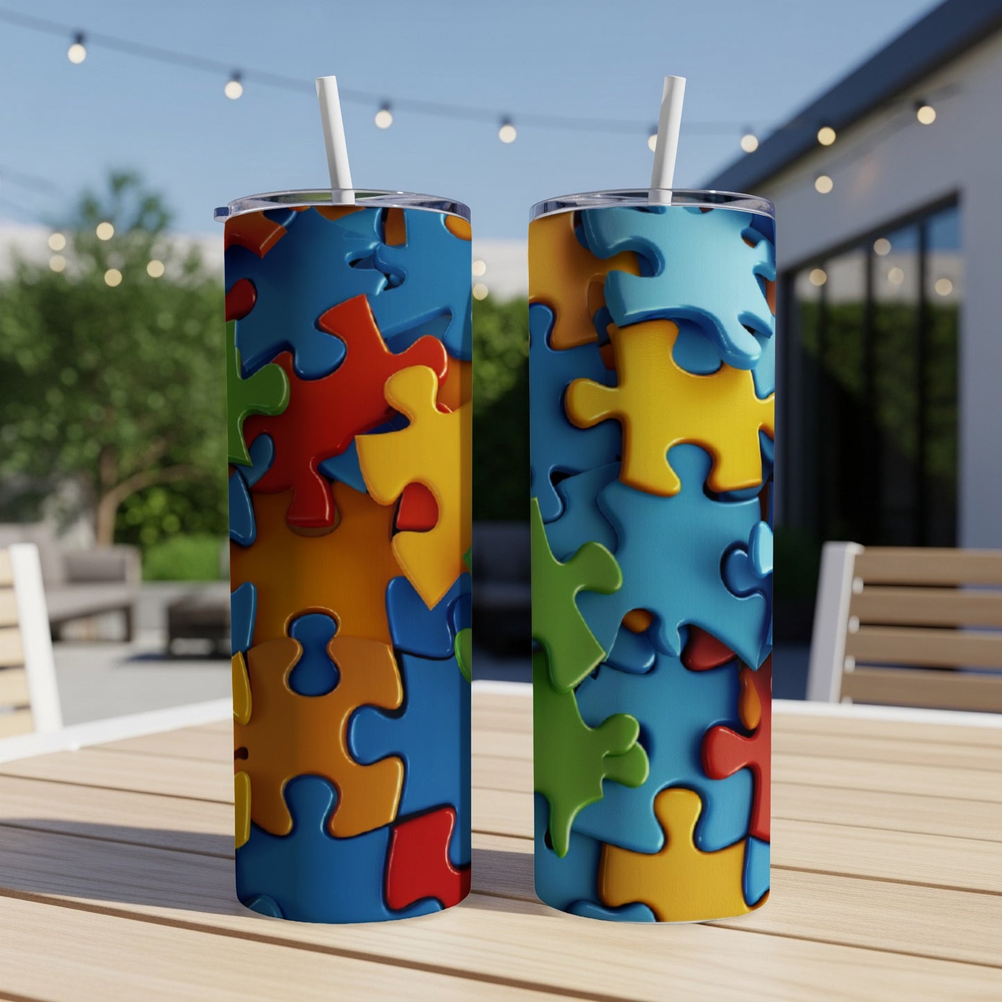 Two tumblers with a colorful jigsaw puzzle pattern on a wooden table.