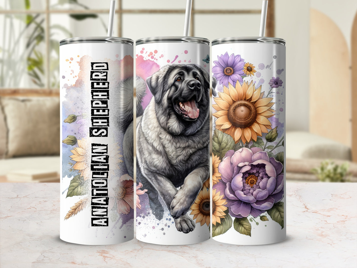 Anatolian Shepherd dog and sunflowers on a floral watercolor tumbler.