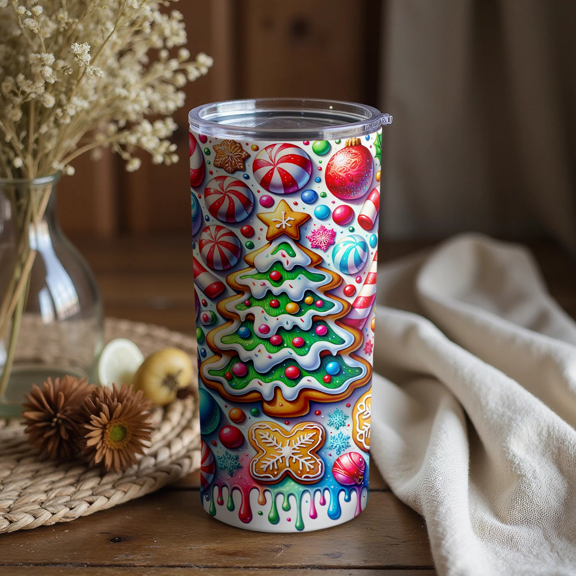 Vibrant Christmas Tree and Ornaments Tumbler Design
