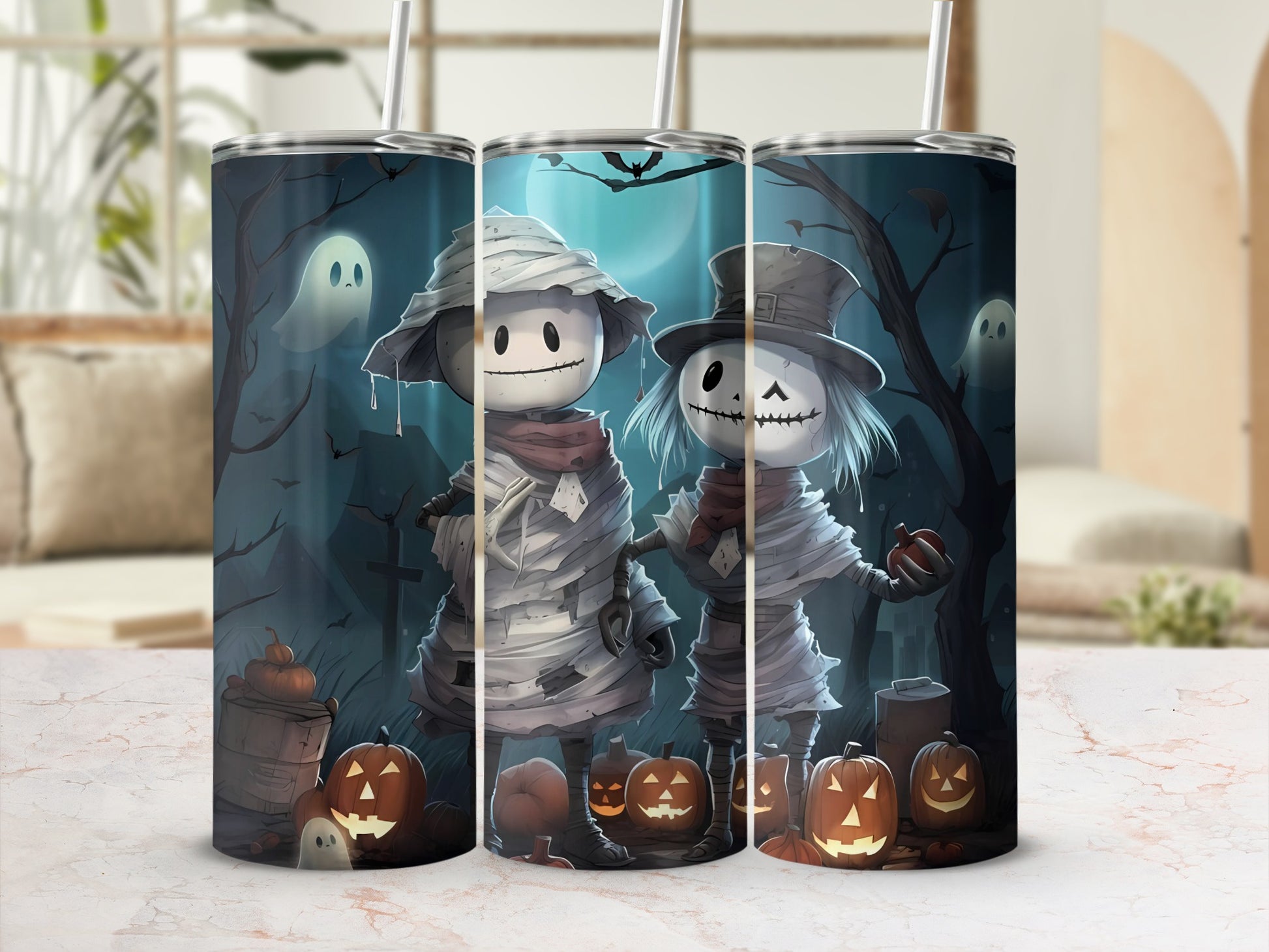 Three tumblers featuring mummy characters and Halloween pumpkins in a spooky forest scene.
