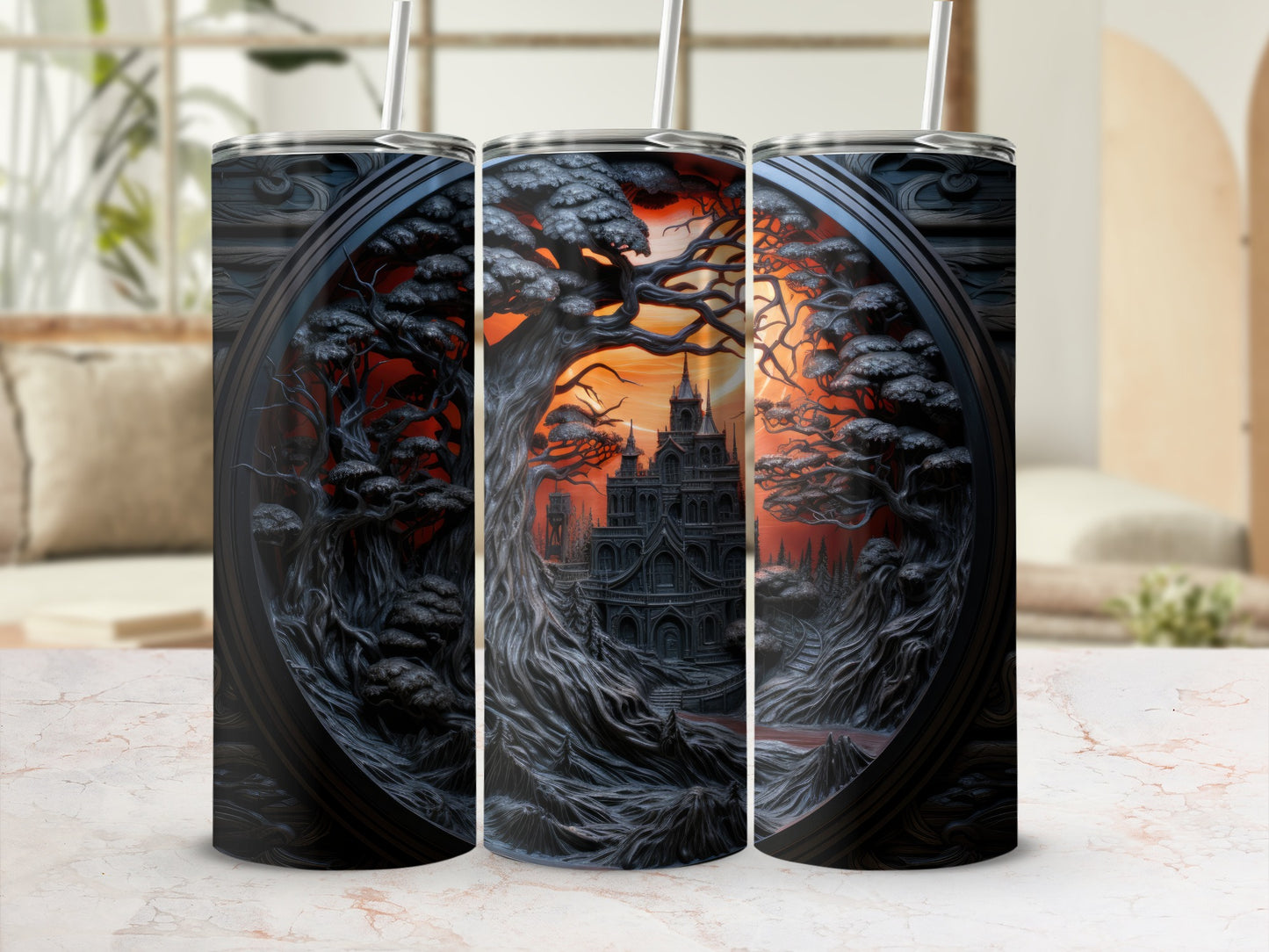 Three tumblers show dark gothic castle and trees against an orange sunset.