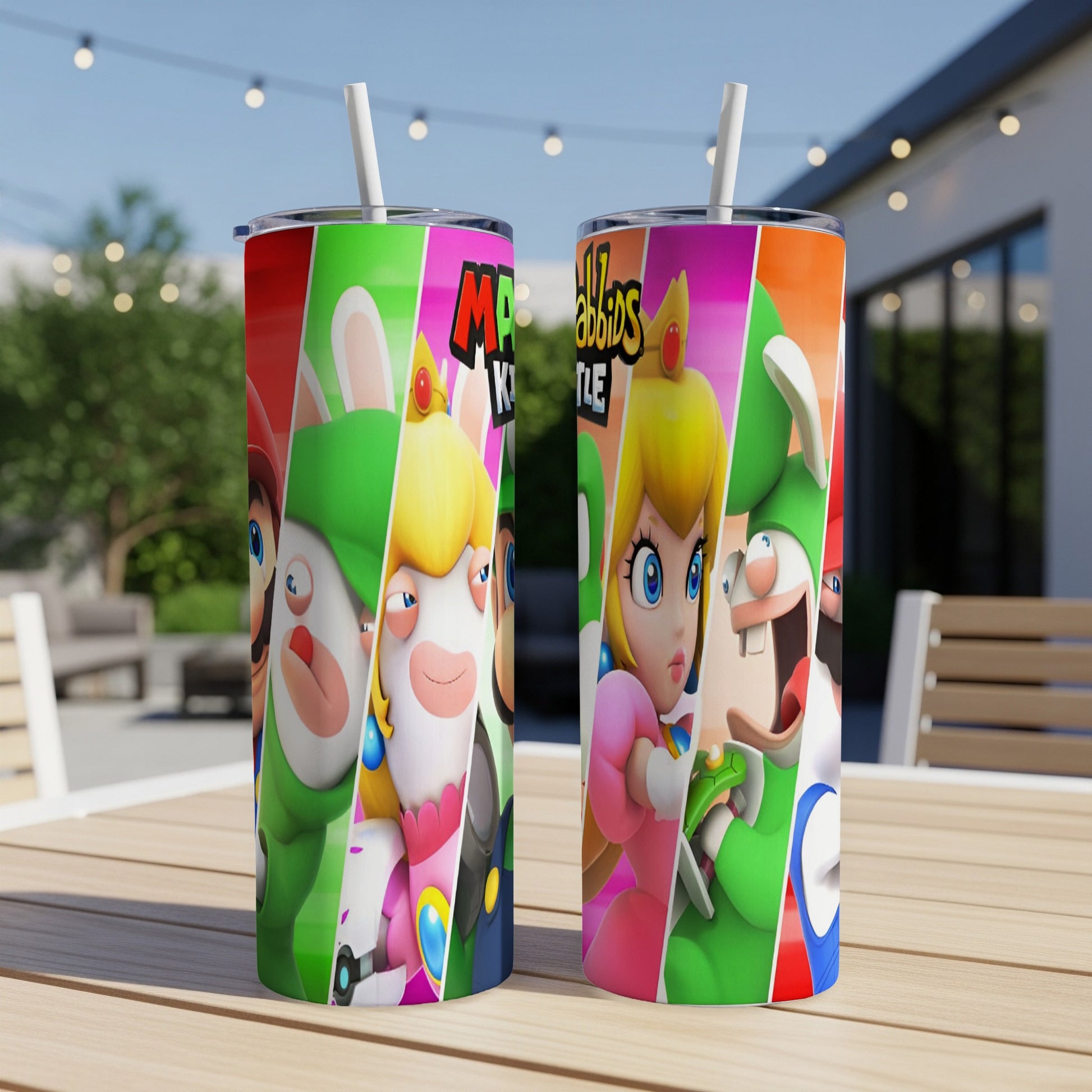 Mario + Rabbids Sparks of Hope characters on two colorful tumblers.