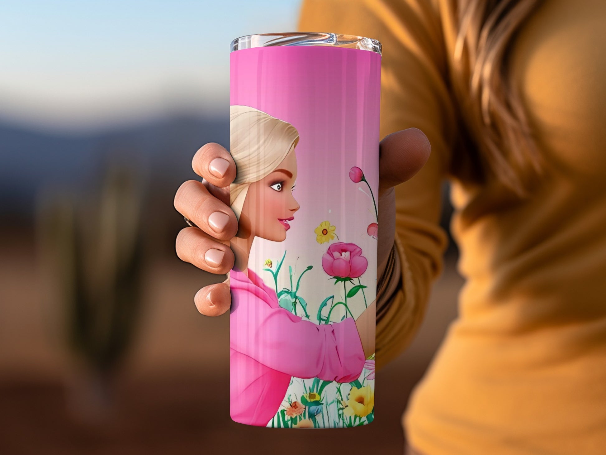 Vibrant Pink Tumbler with Floral and Avatar Design