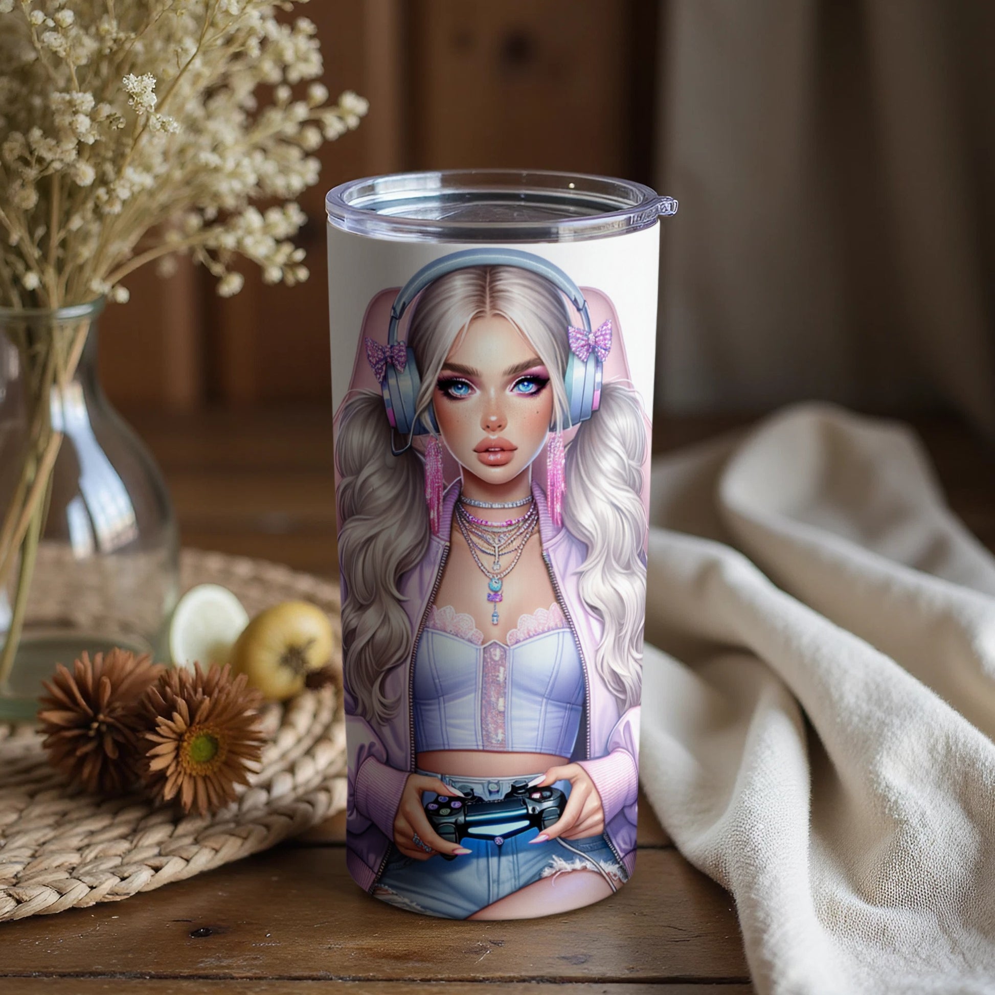 Stylish Gamer Girl Artwork on Bundle Tumbler