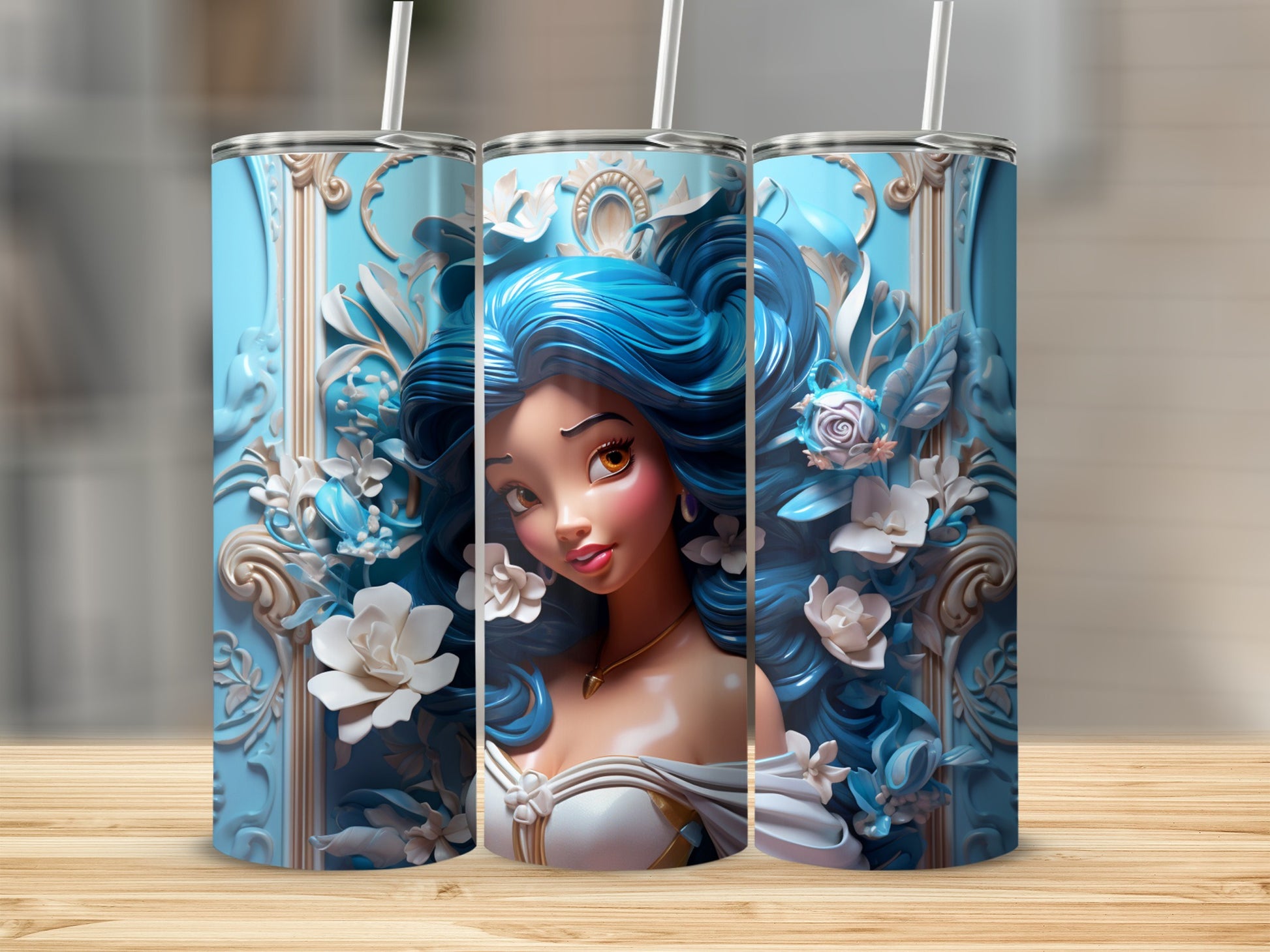 Elegant Tumbler with Beautiful Blue Haired Lady Design