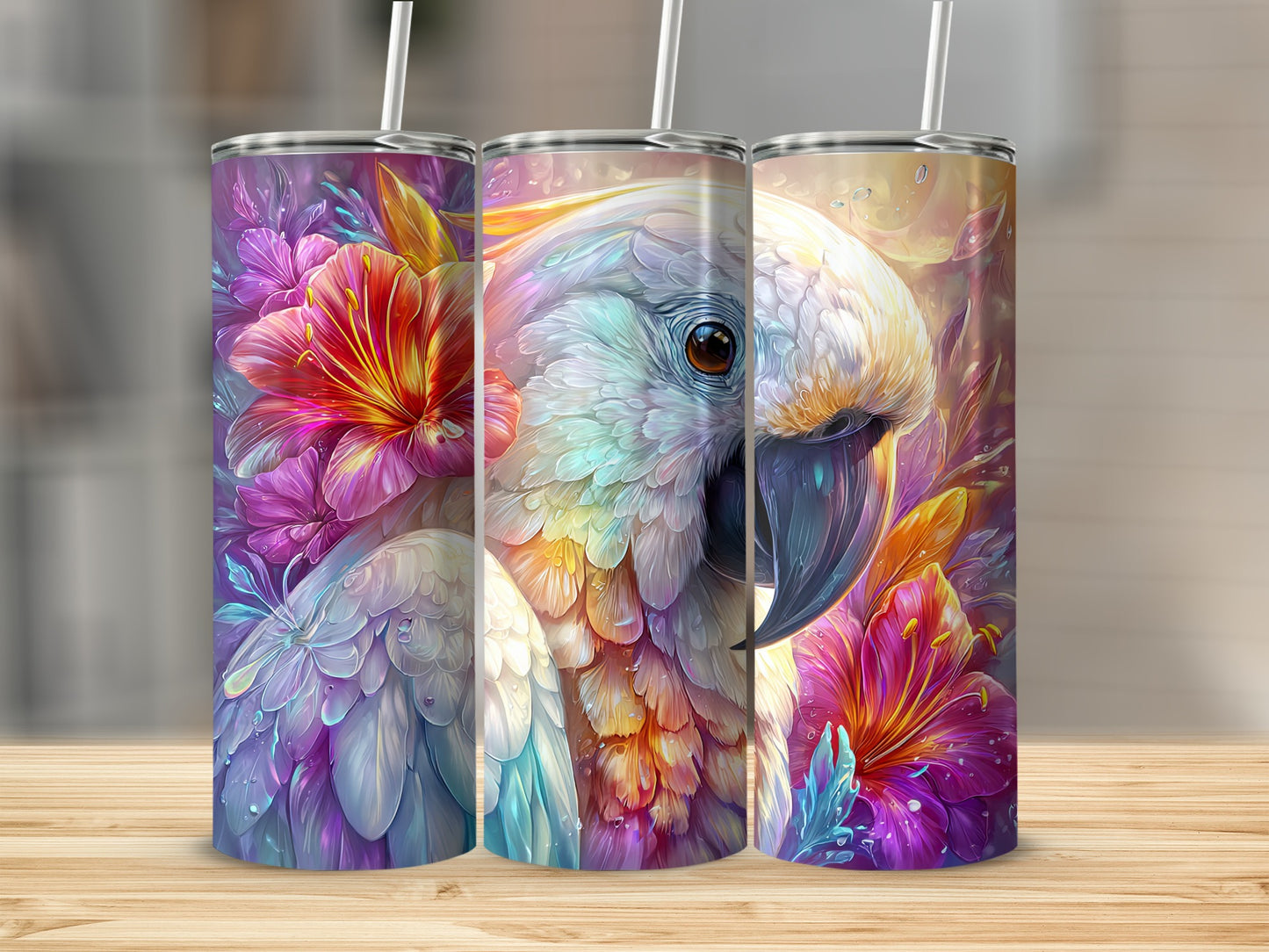 Colorful Parrot and Floral Artwork Tumbler Product