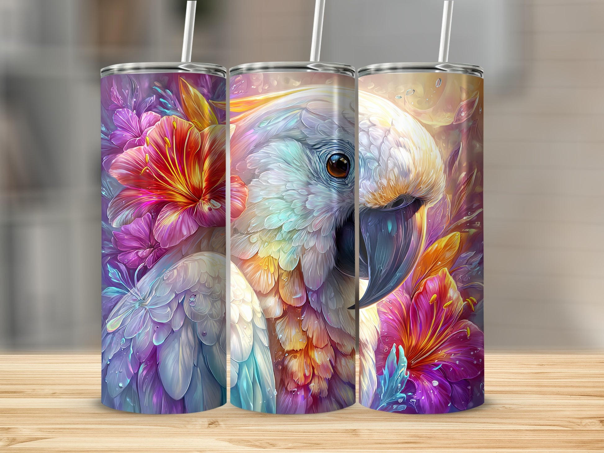 Colorful Parrot and Floral Artwork Tumbler Product