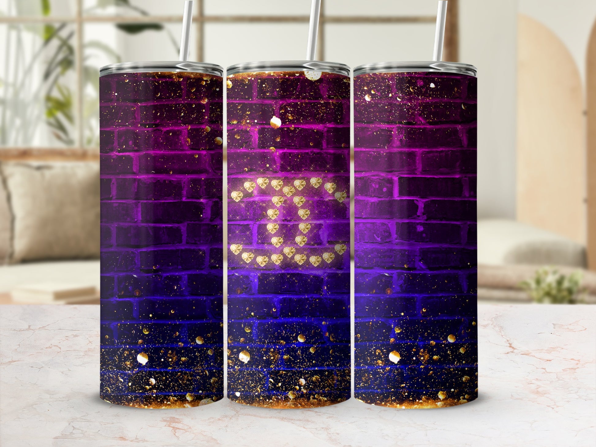 Purple and Gold Brick Glitter Glow Drink Tumbler