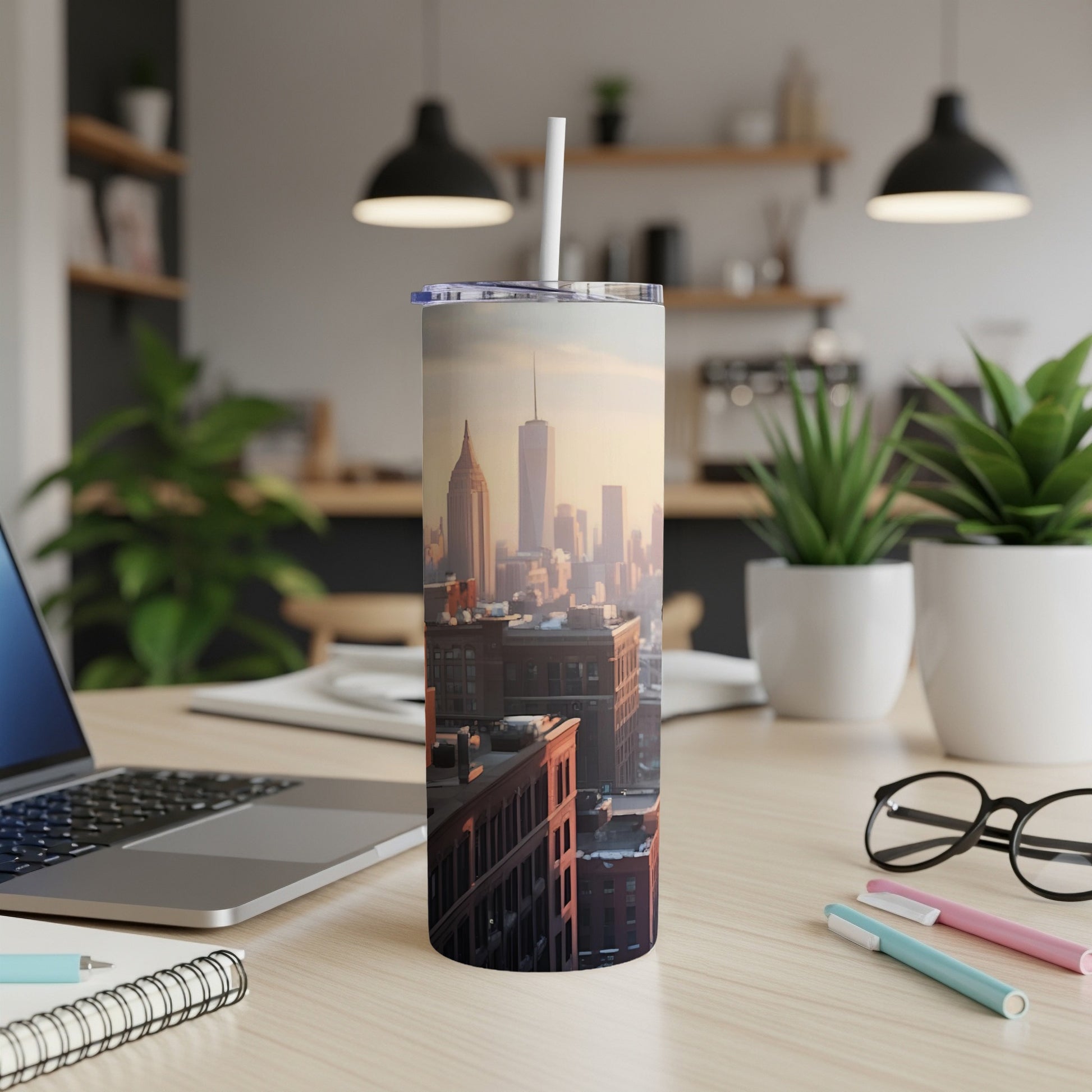 Tall tumbler with New York City skyline at sunset.