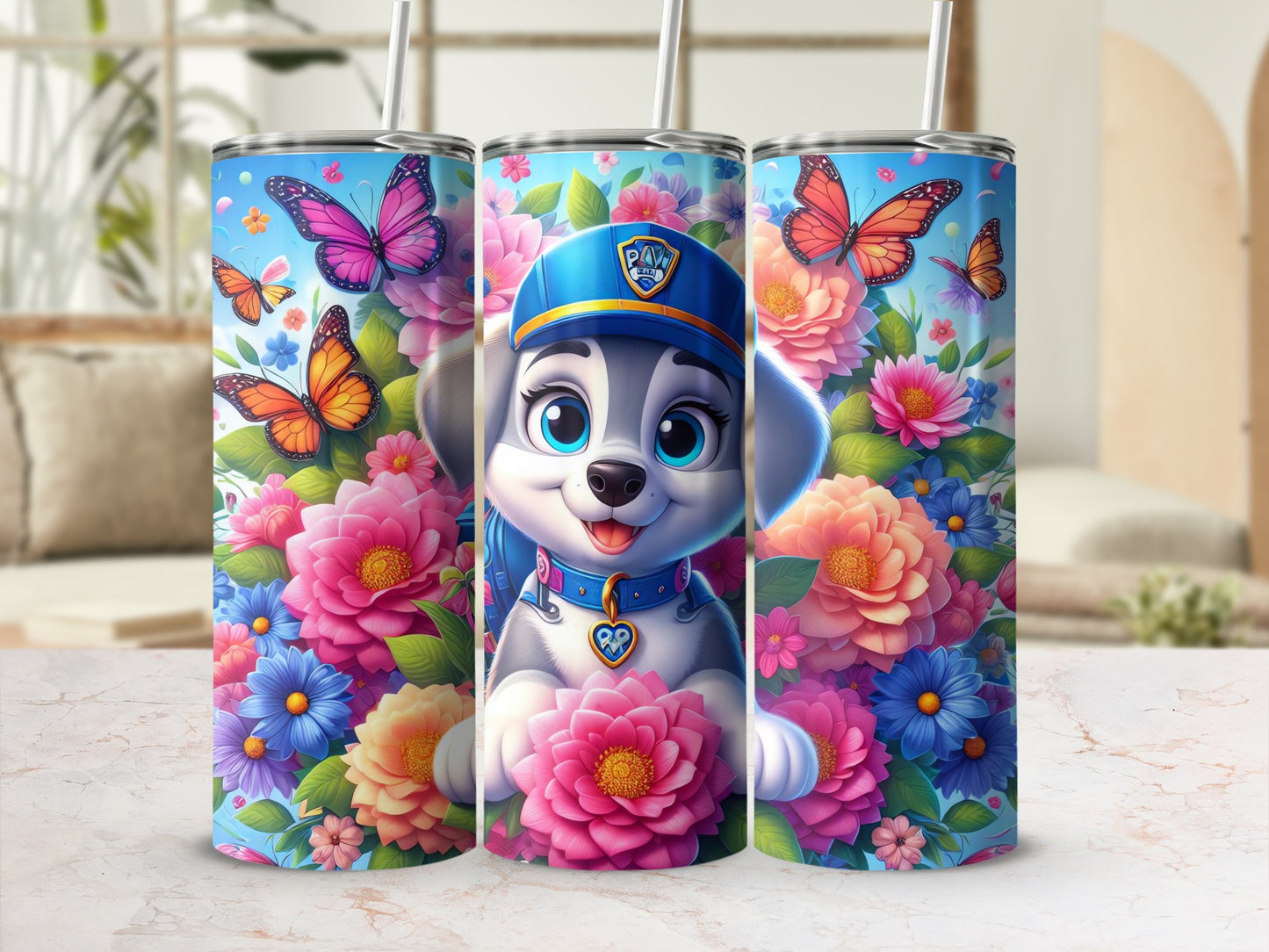 Cute Dog with Flowers and Butterflies Tumbler Product