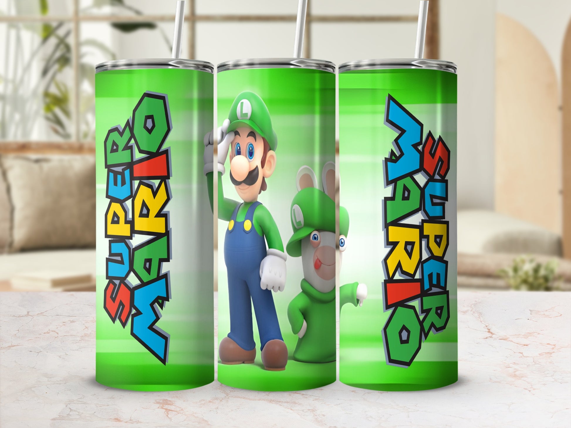Super Mario and Rabbid print on three green tumblers with straws.