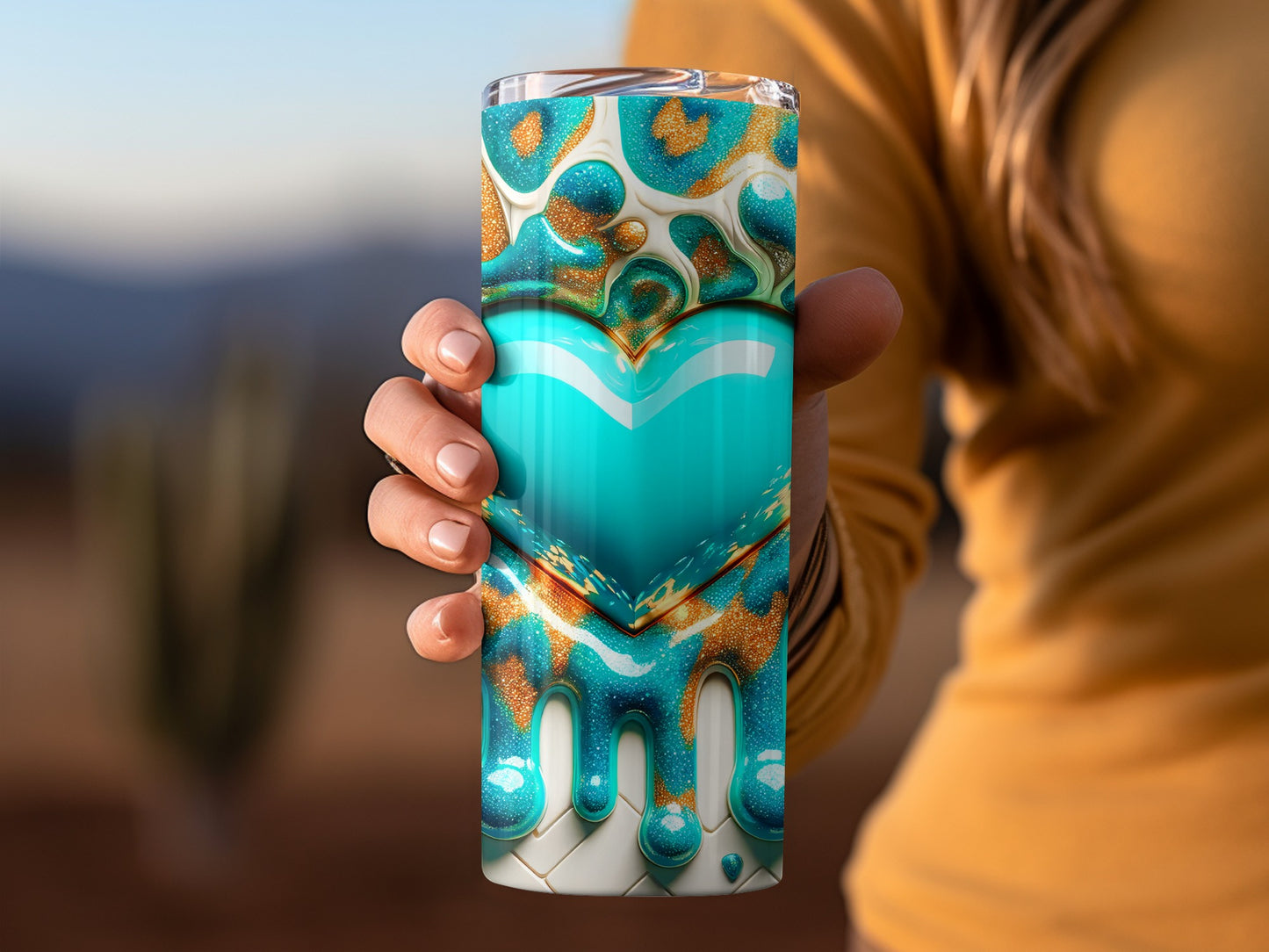 Aqua Heart and Gold Flowing Sweetness Design Tumblers