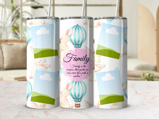 Tumbler with watercolor bunnies, hot air balloons, and "Family" quote.