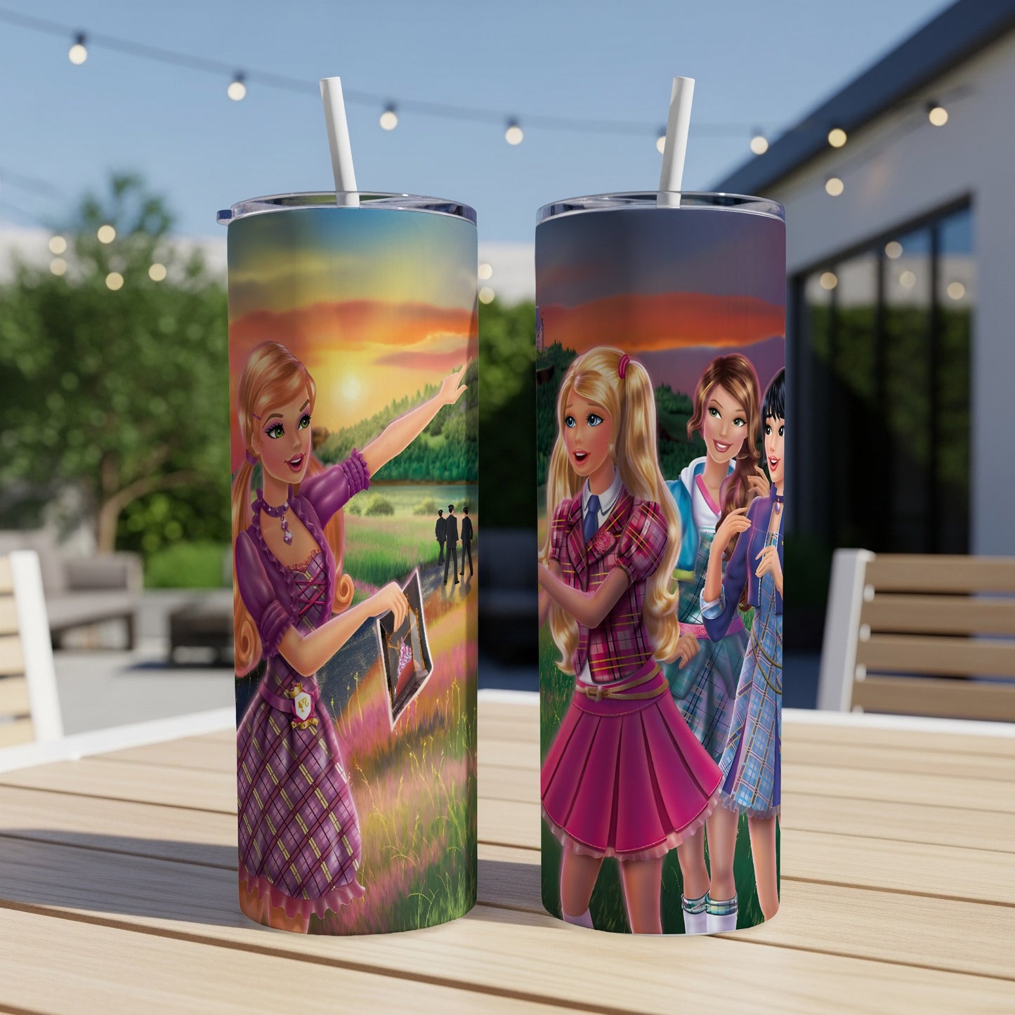 Barbie characters on a purple plaid tumbler with straw.