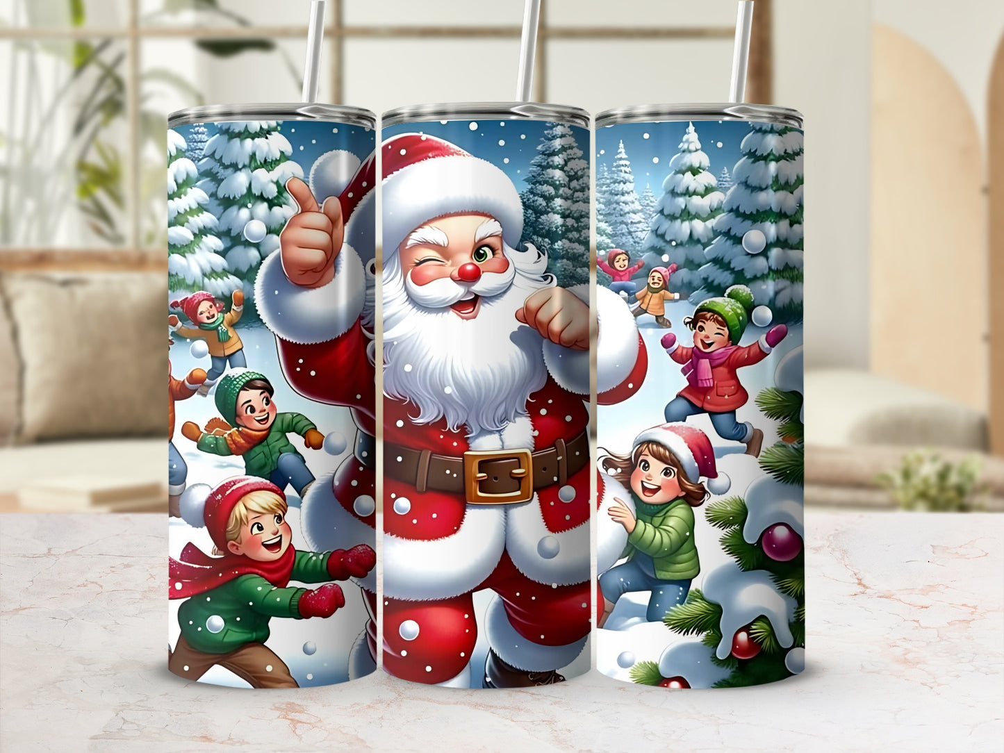 Festive Santa and Kids Playing in Snow design tumbler
