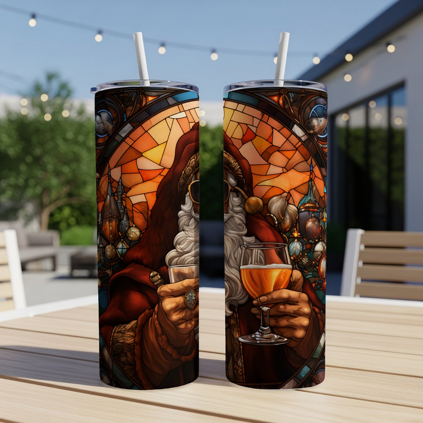 Santa Claus in stained glass style, holding a glass of beer and a goblet.