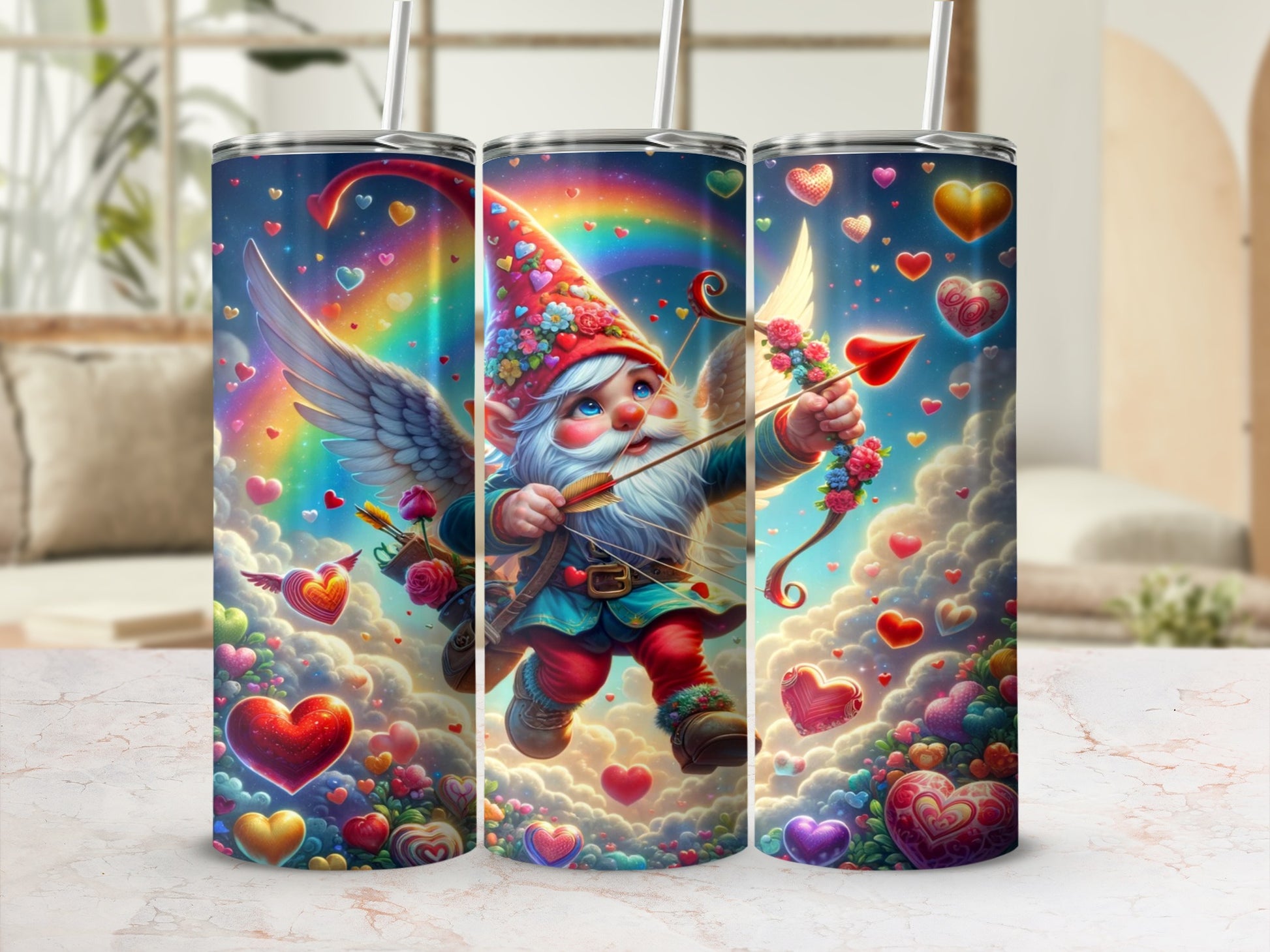 Whimsical Cupid Gnome and Hearts Tumbler Cup