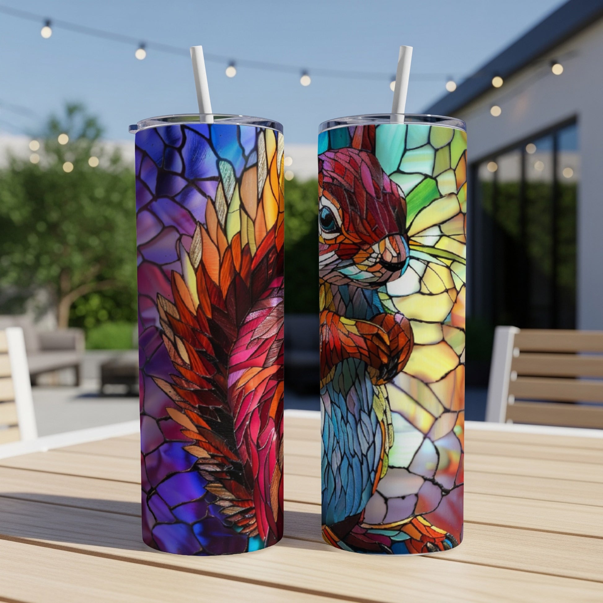 Two stained glass effect tumblers, one with a squirrel, on a table.