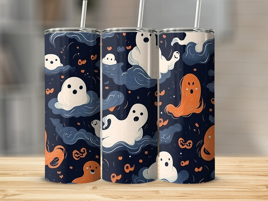 Tumblers with a dark blue Halloween pattern featuring white and orange ghosts.