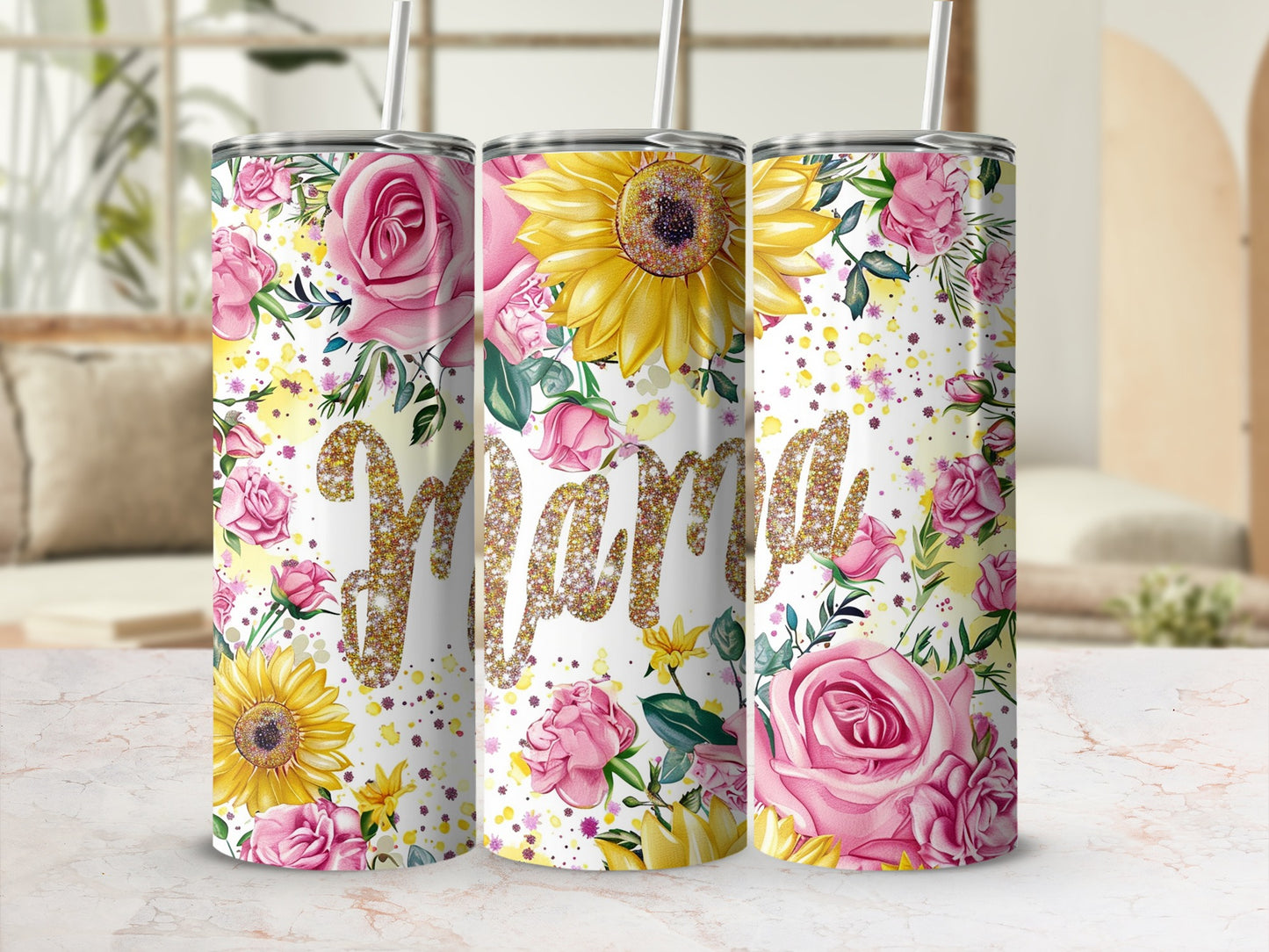 Floral Sunflower and Rose Mama Tumbler Cup Design