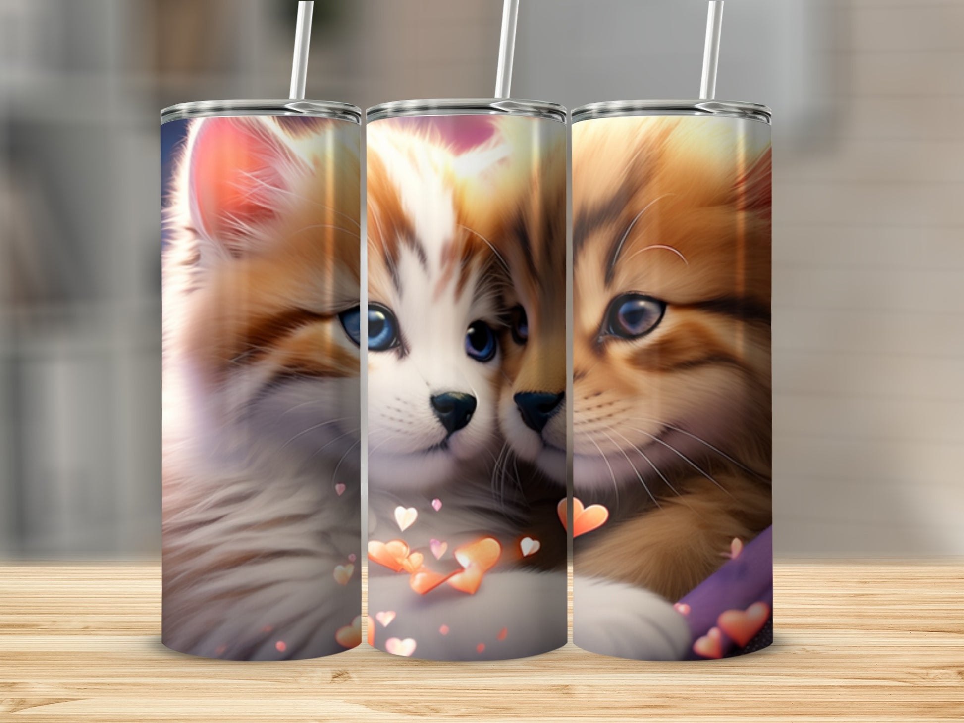 Two fluffy kittens with hearts on a customizable tumbler.