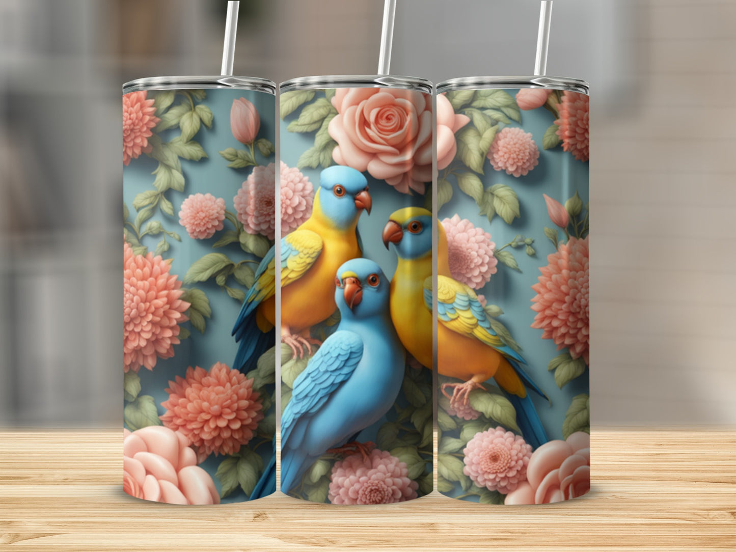 Three colorful parrots perch among pink roses and dahlias on a floral patterned tumbler.