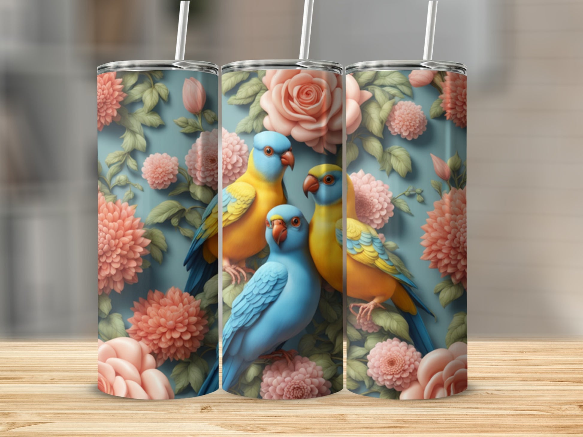 Three colorful parrots perch among pink roses and dahlias on a floral patterned tumbler.