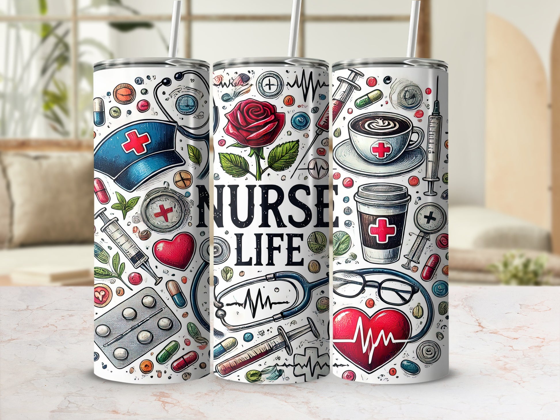 Tumbler with nurse-themed illustrations: stethoscope, heart, coffee, syringe, and text "NURSE LIFE".